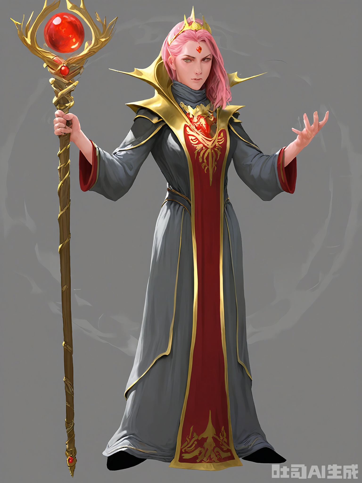 HTJS, Digital artwork of a fantasy character, a young woman with long, flowing pink hair, wearing a red and gold ornate robe with intricate patterns and a high collar. She holds a staff with a glowing red gem at the top in her right hand. Her expression is calm and focused. The background is a simple gray, keeping the focus on the character. The art style is detailed and realistic with a fantasy theme.