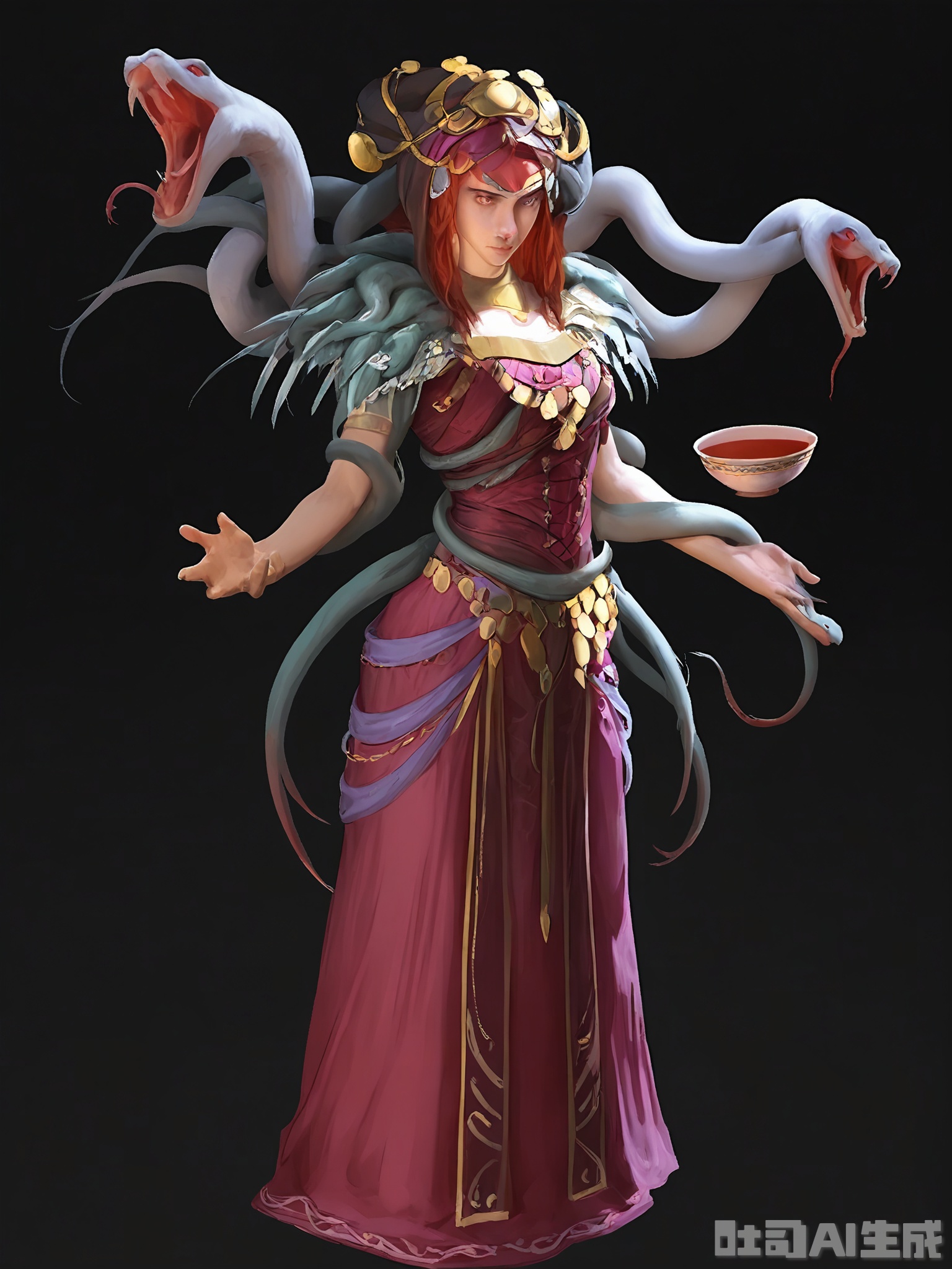 HTJS, A digital painting of a woman with long red hair, wearing a flowing pink and purple dress adorned with gold accents. She has a slender physique and is holding a bowl of water in one hand, with a snake emerging from it. Her expression is calm and confident, and she is standing against a black background. The artwork has a fantasy theme, with intricate details in the clothing and accessories. The style is reminiscent of concept art from video games or fantasy novels.