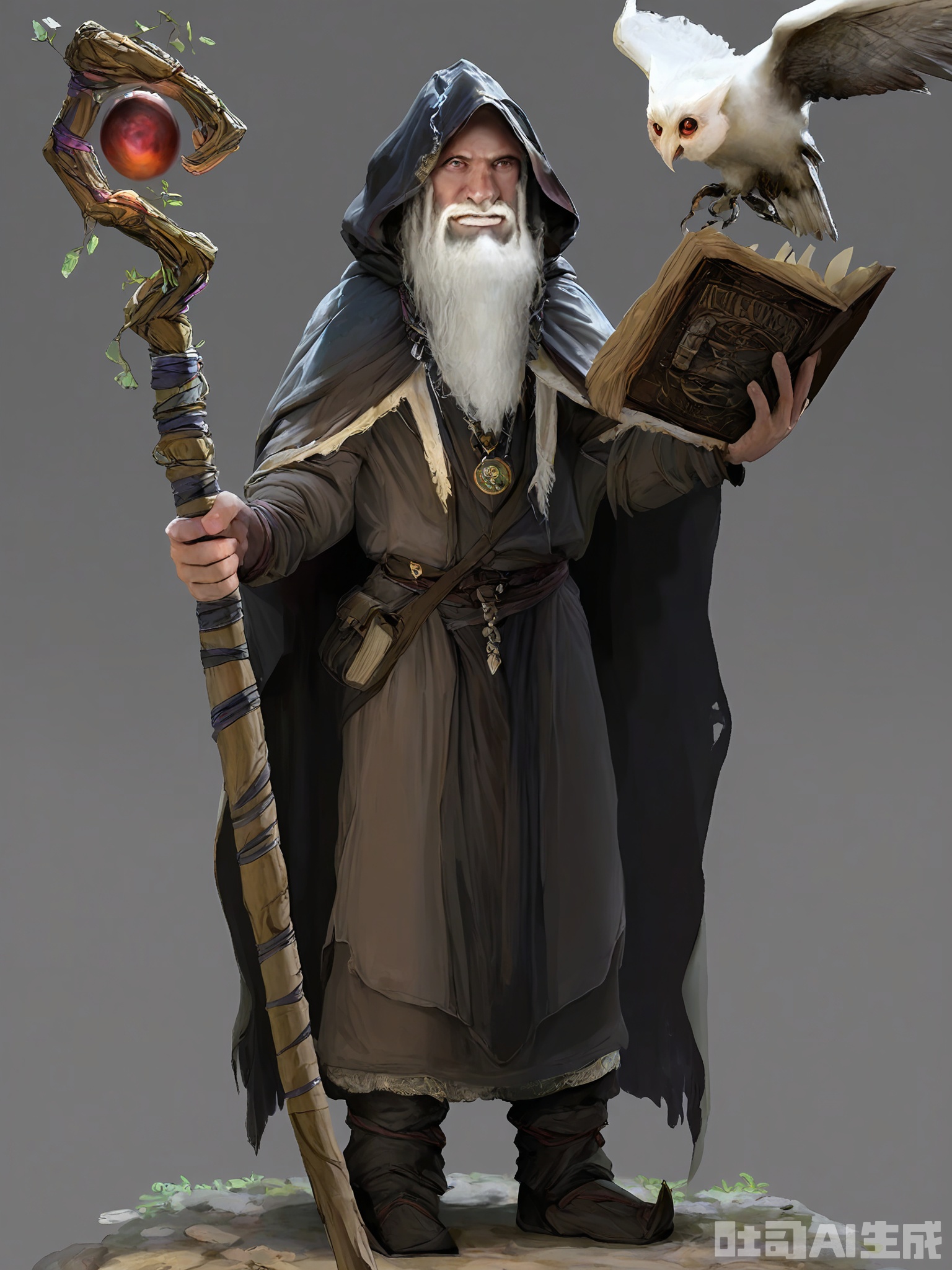 HTJS, A detailed digital painting of a rugged, old wizard with a long white beard, wearing a tattered brown robe and a hooded cloak. He holds a staff with a white owl perched on top, and a book in his other hand. The background is plain gray. The wizard has a wise and mysterious expression, and the artwork is highly detailed and realistic. The style is fantasy art with a focus on texture and intricate details.