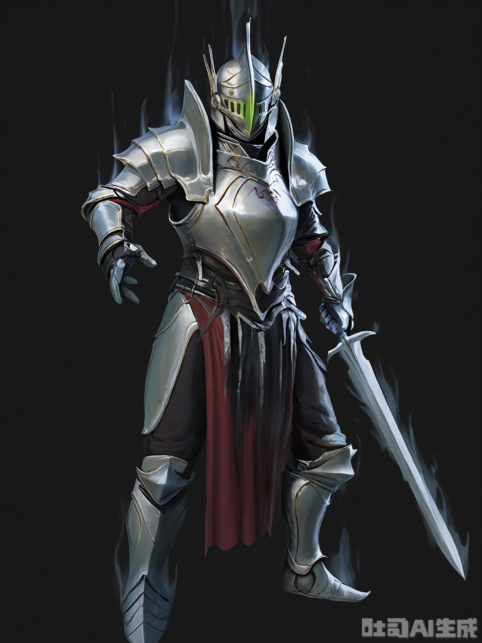 HTJS, A game design thick-painted character of a towering, armored knight with a full-face helmet featuring a menacing visor. His plate armor is a deep, polished black with silver trim, and he carries a large, rectangular shield emblazoned with a heraldic crest. In his right hand, he grips a longsword with a jeweled hilt. Standing against a black background, he exudes an aura of unstoppable force.
