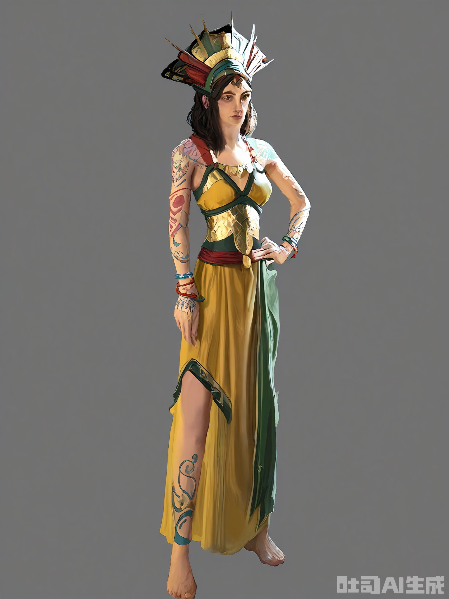 HTJS, A digital illustration of a confident woman with a slender build and long, straight dark hair, wearing a flowing golden-yellow dress with a high slit, revealing her toned legs. She has a large, elaborate headdress with green and gold hues, adorned with red accents. Her left arm is decorated with tattoos and she wears multiple colorful bracelets. She stands with one hand on her hip, exuding a regal and strong presence. The background is a simple black, making her the focal point. The art style is reminiscent of a fantasy or game character design, with a focus on intricate details and vibrant colors.