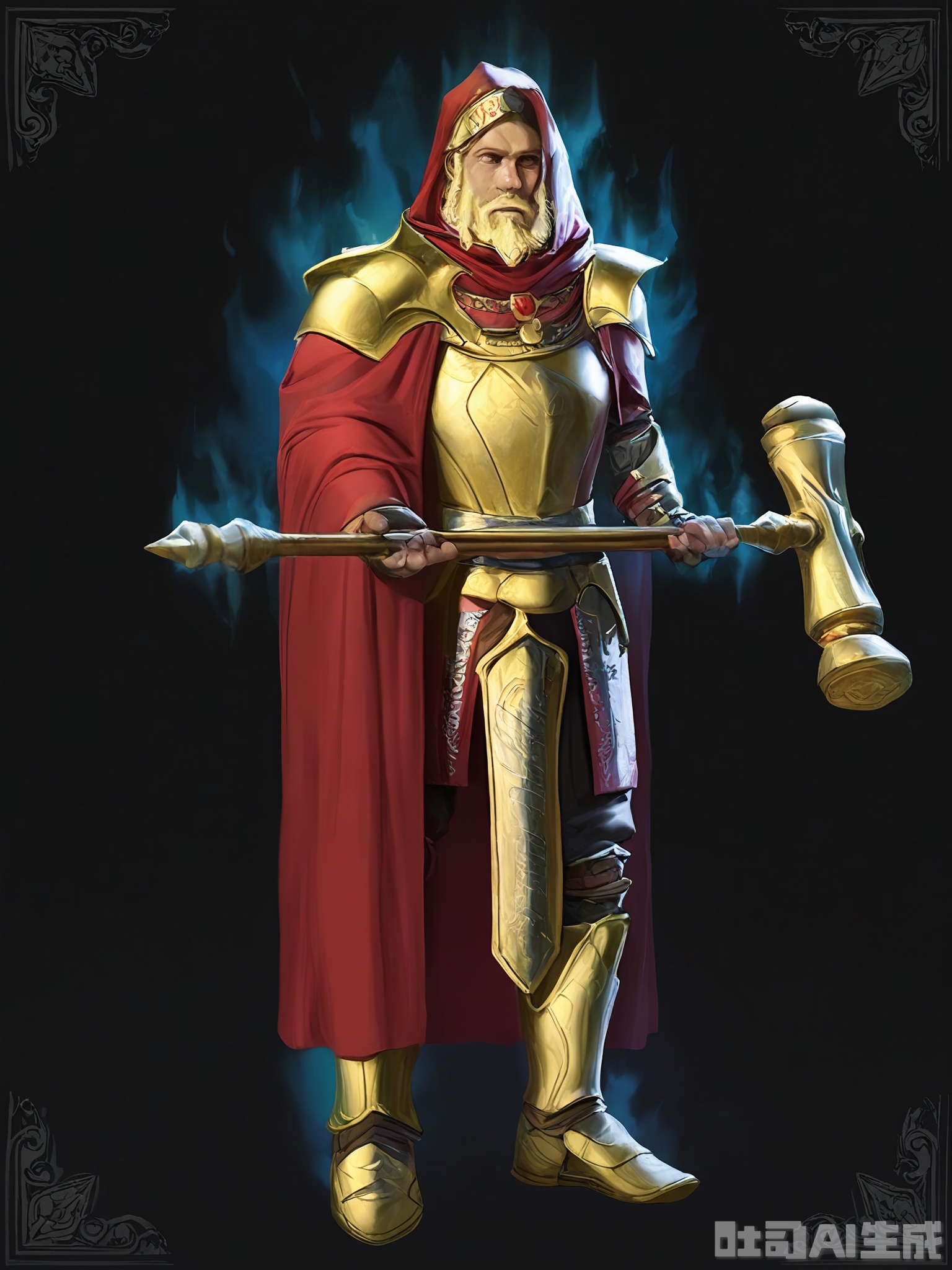 HTJS, A game design thick-painted illustration of a noble, male paladin with a short, blond beard and a kind but determined expression. His white and gold plate armor is adorned with religious symbols, and he carries a large, two-handed hammer with a holy engraving. A red cape billows behind him as he stands against a black background, radiating an aura of righteousness.