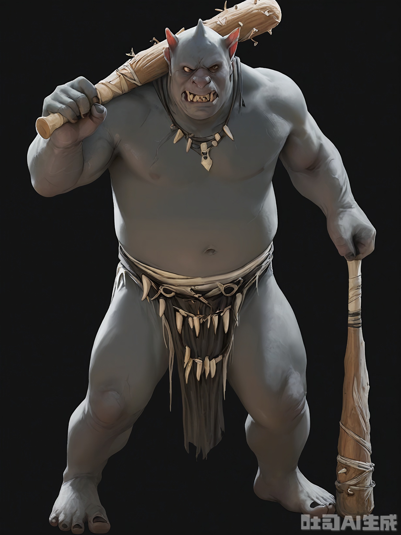 HTJS, A game design thick-painted character of a monstrous, ogre-like creature with rough, gray skin and a hulking frame. Its eyes are small and beady, and its mouth is filled with sharp, jagged teeth. It wears a tattered loincloth and carries a massive, wooden club with nails protruding from it. Standing against a black background, it looks like a force of destruction.