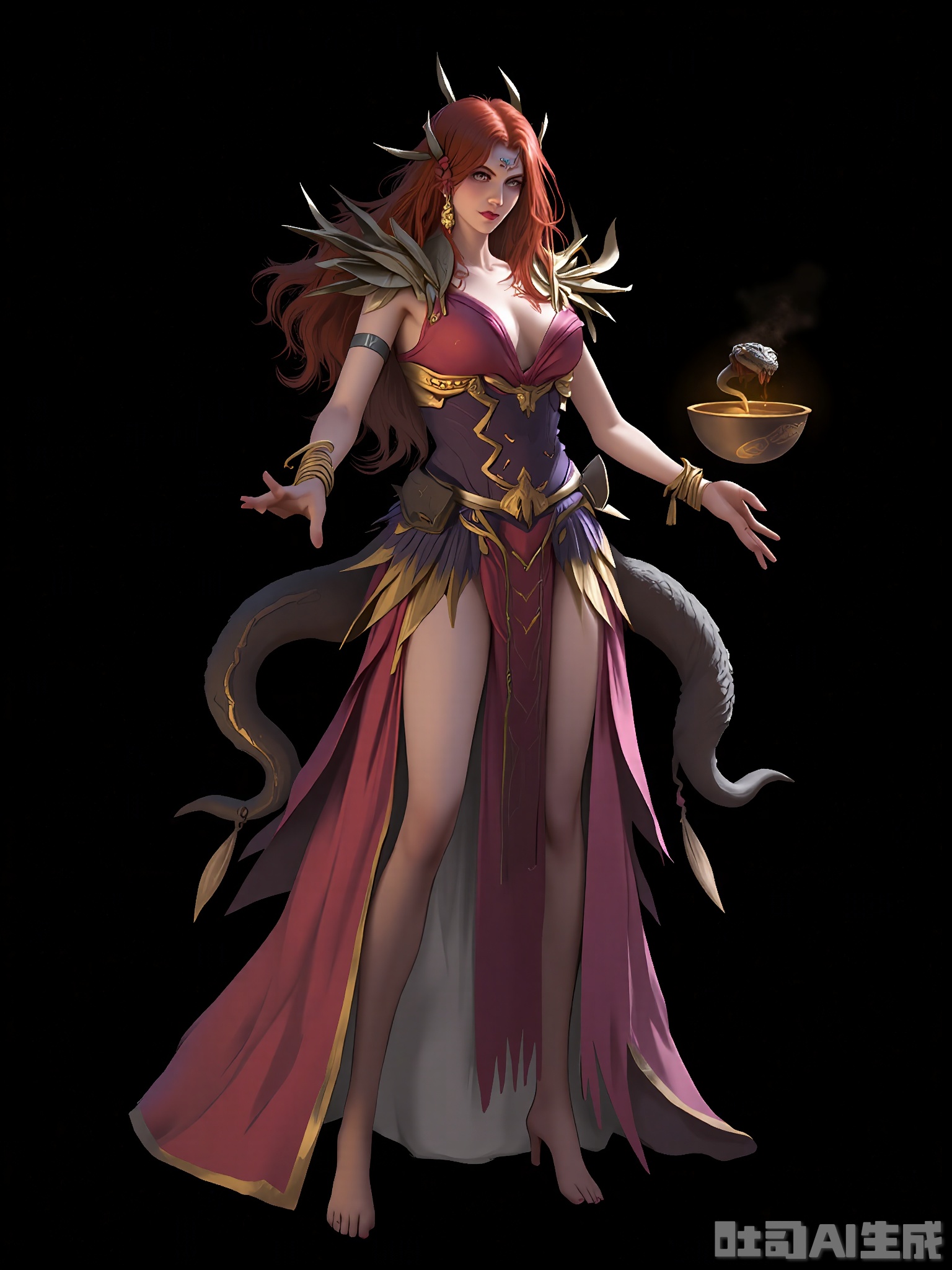 HTJS, A digital painting of a woman with long red hair, wearing a flowing pink and purple dress adorned with gold accents. She has a slender physique and is holding a bowl of water in one hand, with a snake emerging from it. Her expression is calm and confident, and she is standing against a black background. The artwork has a fantasy theme, with intricate details in the clothing and accessories. The style is reminiscent of concept art from video games or fantasy novels.