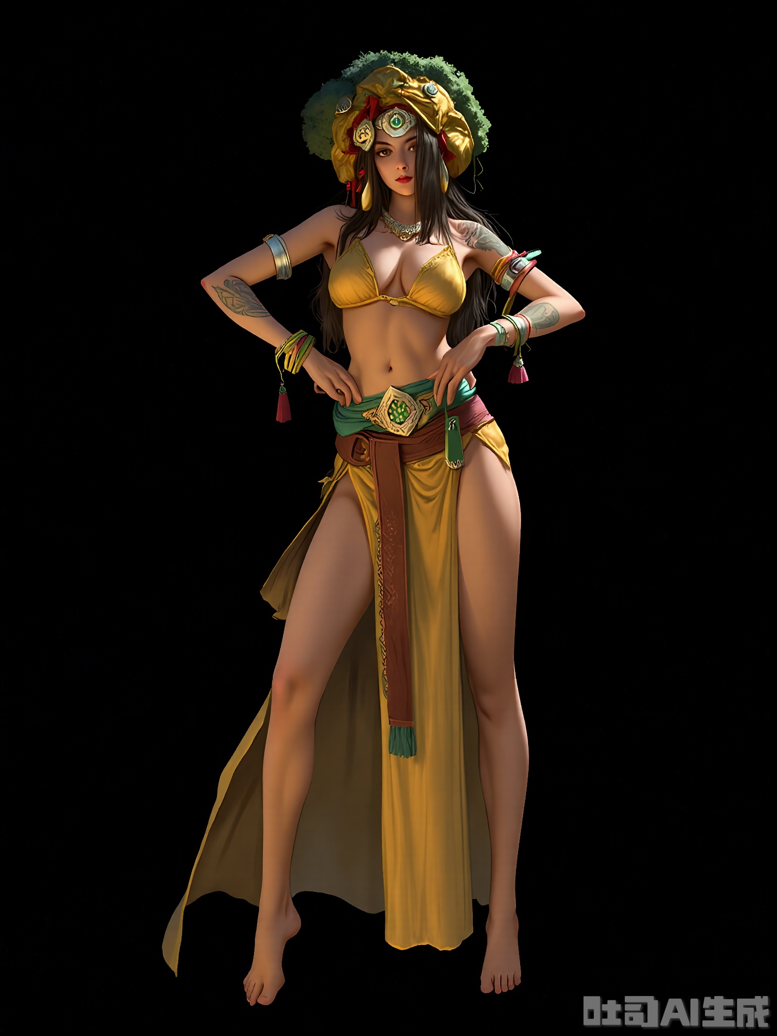 HTJS, A digital illustration of a confident woman with a slender build and long, straight dark hair, wearing a flowing golden-yellow dress with a high slit, revealing her toned legs. She has a large, elaborate headdress with green and gold hues, adorned with red accents. Her left arm is decorated with tattoos and she wears multiple colorful bracelets. She stands with one hand on her hip, exuding a regal and strong presence. The background is a simple black, making her the focal point. The art style is reminiscent of a fantasy or game character design, with a focus on intricate details and vibrant colors.
