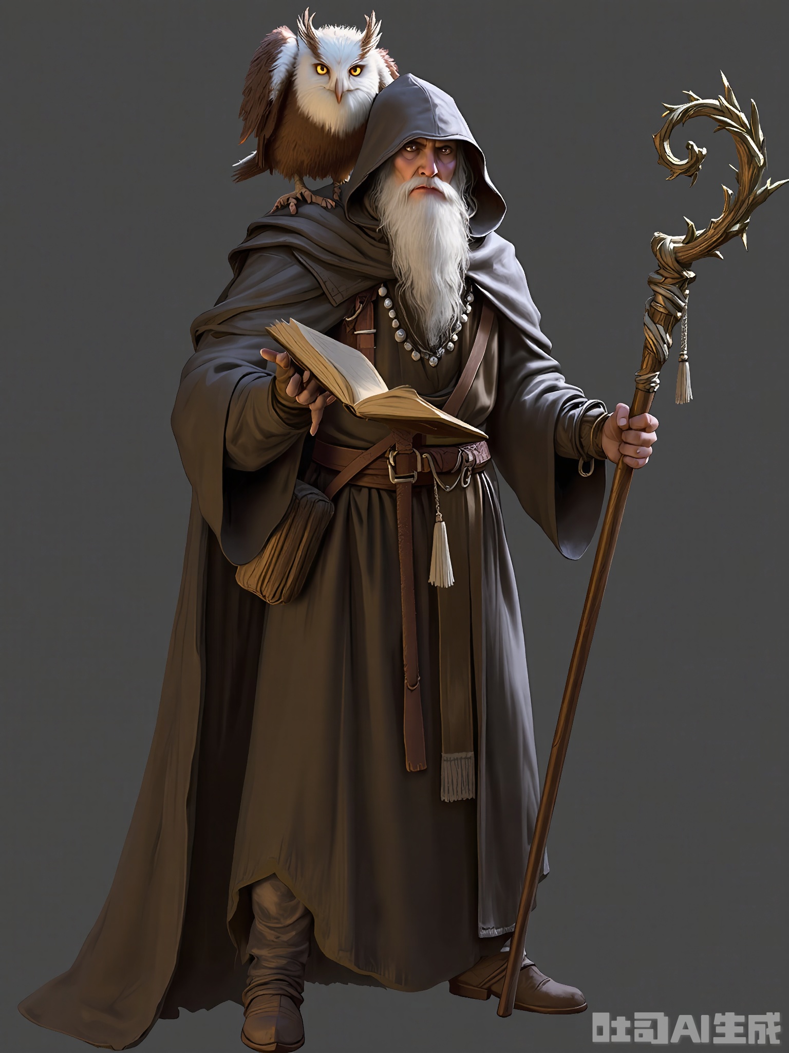 HTJS, A detailed digital painting of a rugged, old wizard with a long white beard, wearing a tattered brown robe and a hooded cloak. He holds a staff with a white owl perched on top, and a book in his other hand. The background is plain gray. The wizard has a wise and mysterious expression, and the artwork is highly detailed and realistic. The style is fantasy art with a focus on texture and intricate details.