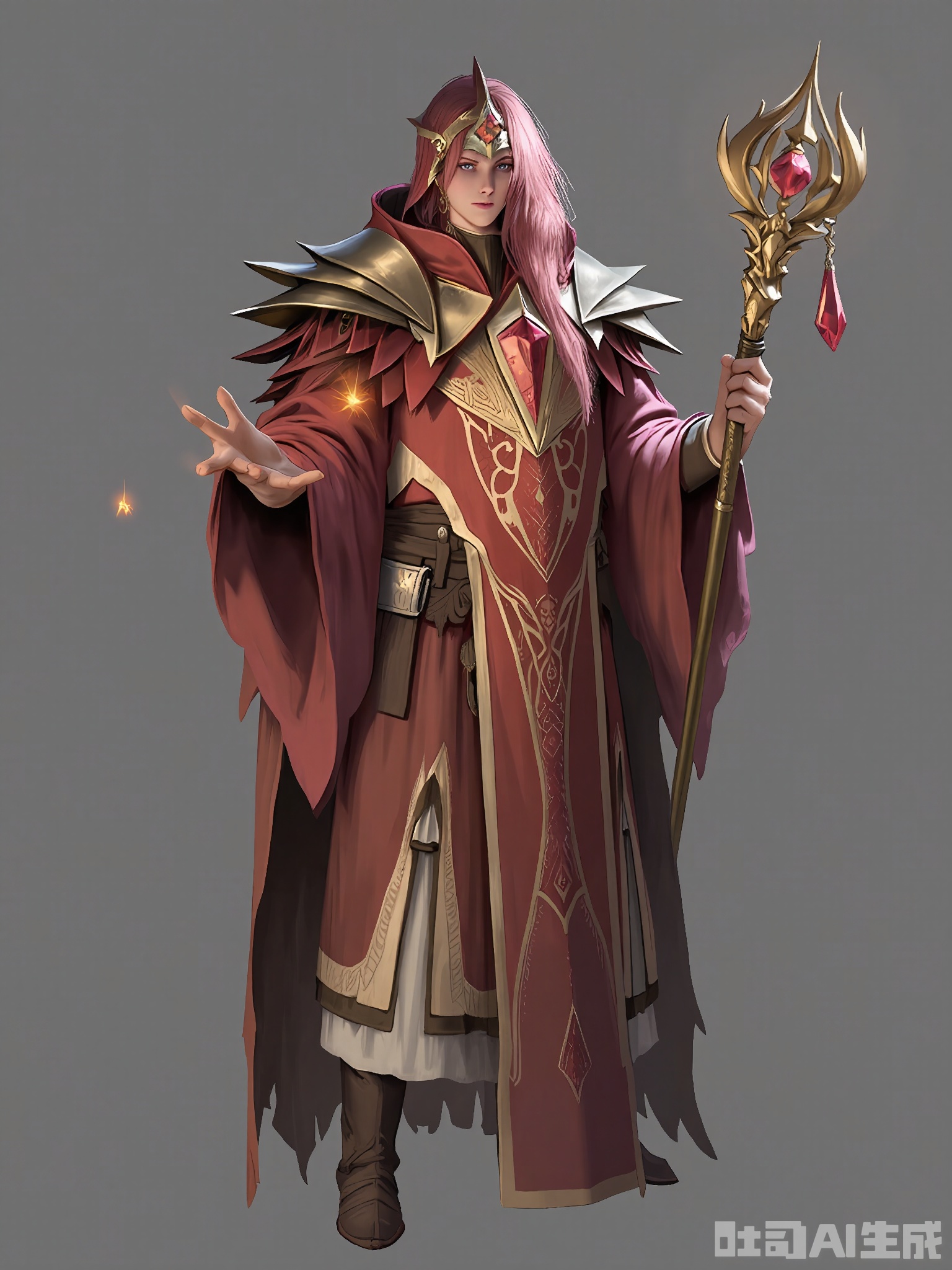 HTJS, Digital artwork of a fantasy character, a young woman with long, flowing pink hair, wearing a red and gold ornate robe with intricate patterns and a high collar. She holds a staff with a glowing red gem at the top in her right hand. Her expression is calm and focused. The background is a simple gray, keeping the focus on the character. The art style is detailed and realistic with a fantasy theme.