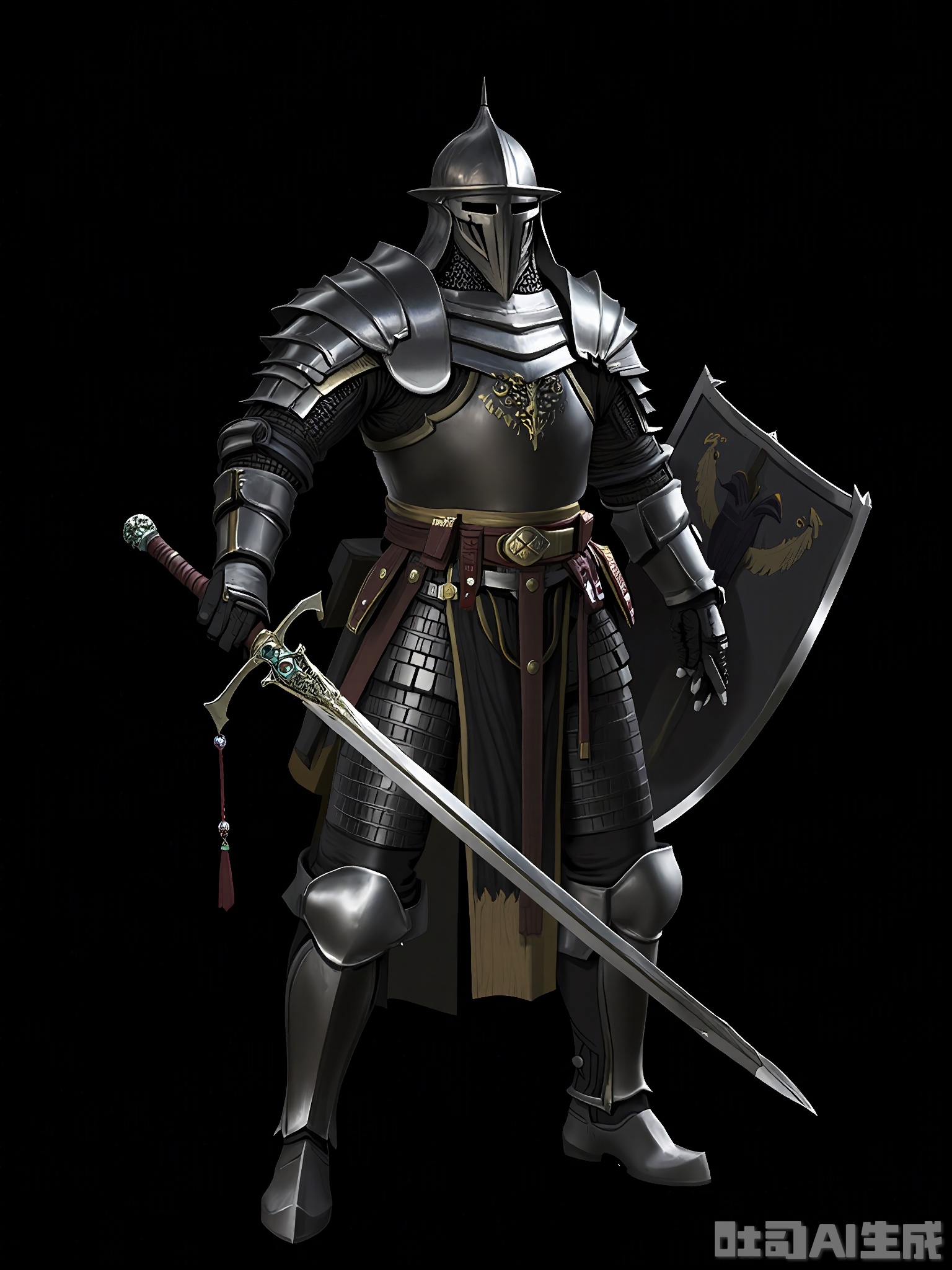HTJS, A game design thick-painted character of a towering, armored knight with a full-face helmet featuring a menacing visor. His plate armor is a deep, polished black with silver trim, and he carries a large, rectangular shield emblazoned with a heraldic crest. In his right hand, he grips a longsword with a jeweled hilt. Standing against a black background, he exudes an aura of unstoppable force.