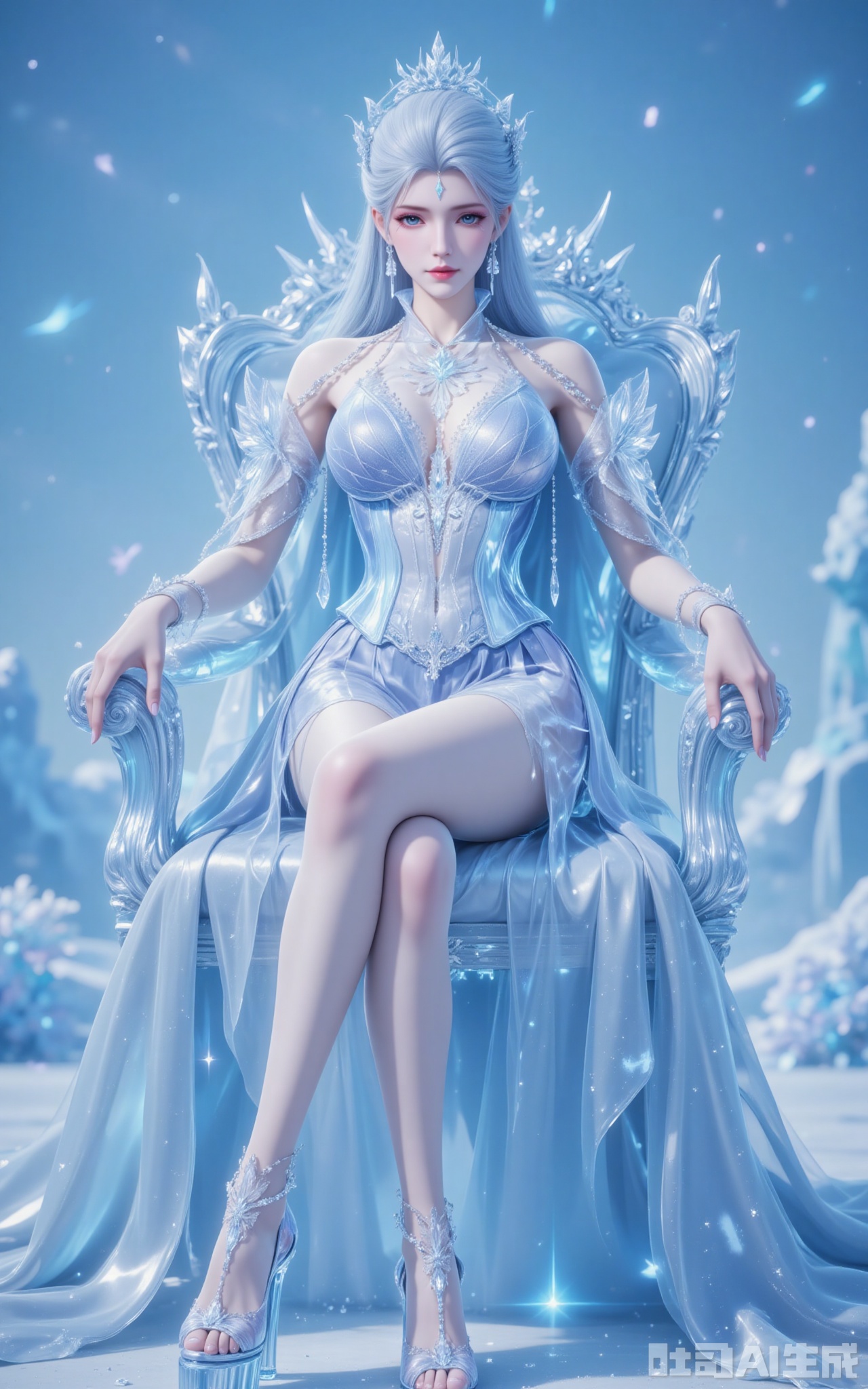 Amidst the frozen wasteland, Snow Emperor reigns supreme upon her throne of ancient ice. Her silver-white tresses cascade down to her waist, blending seamlessly with the ombré crystal gown adorned with hand-embroidered snowflakes that sparkle like diamonds in the sunlight. Her crossed legs showcase the mesmerizing refraction of light through her sapphire heels.

Leaning forward slightly, her gown's daring cutout reveals a tantalizing glimpse of her décolletage. The diamond earrings sway gently, casting cerulean shadows across her porcelain skin. Shot from a reverent low angle, the 8K ultra-HD capture immortalizes her against the falling snow, with every intricate detail visible - from the frozen floral patterns in her azure eyes to the delicate frost forming on her skin.
xuedi,lvjing