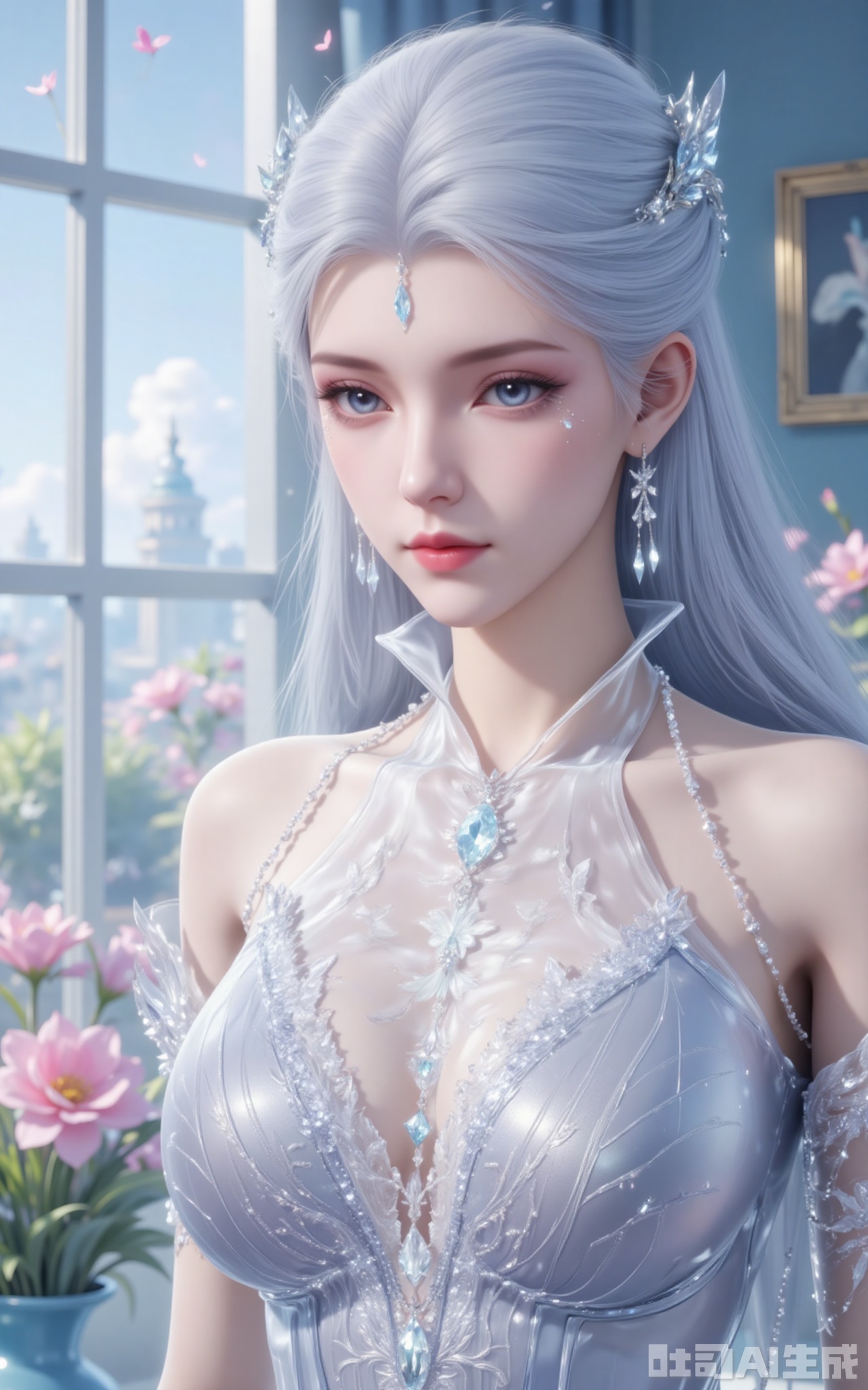 1girl, solo, jewelry, long hair, earrings, dress, flower, blue eyes, breasts, window, indoors, bare shoulders, white dress, white hair, sleeveless, closed mouth, butterfly, plant, see-through, petals, gem, bug,3,
xuedi,lvjing