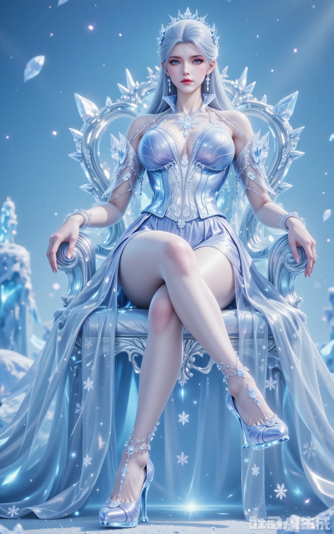 Amidst the frozen wasteland, Snow Emperor reigns supreme upon her throne of ancient ice. Her silver-white tresses cascade down to her waist, blending seamlessly with the ombré crystal gown adorned with hand-embroidered snowflakes that sparkle like diamonds in the sunlight. Her crossed legs showcase the mesmerizing refraction of light through her sapphire heels.

Leaning forward slightly, her gown's daring cutout reveals a tantalizing glimpse of her décolletage. The diamond earrings sway gently, casting cerulean shadows across her porcelain skin. Shot from a reverent low angle, the 8K ultra-HD capture immortalizes her against the falling snow, with every intricate detail visible - from the frozen floral patterns in her azure eyes to the delicate frost forming on her skin.
xuedi,lvjing