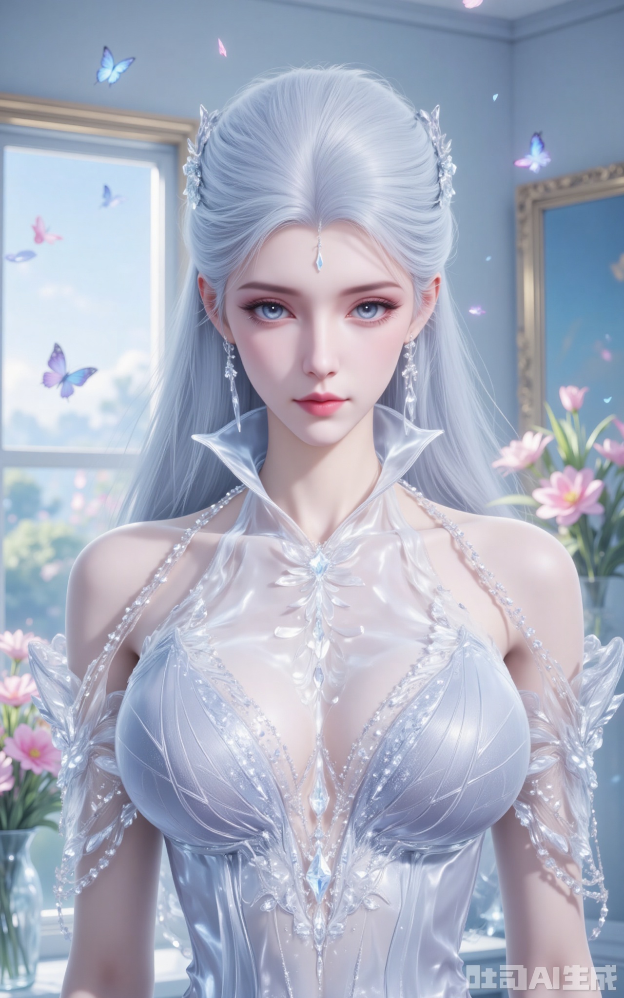 1girl, solo, jewelry, long hair, earrings, dress, flower, blue eyes, breasts, window, indoors, bare shoulders, white dress, white hair, sleeveless, closed mouth, butterfly, plant, see-through, petals, gem, bug,3,
xuedi,lvjing