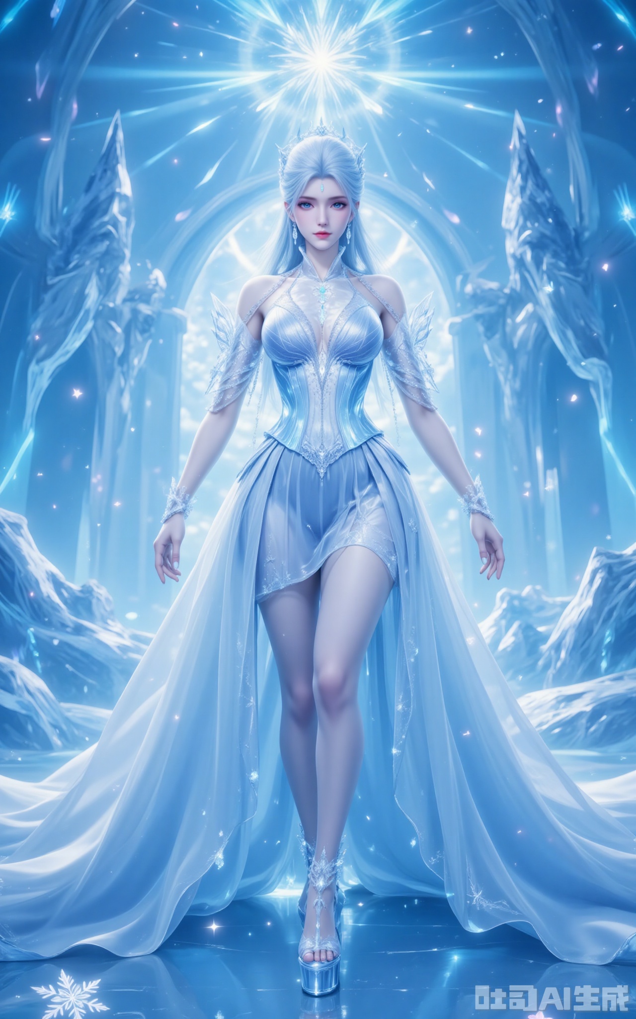 white hair,long hair,white_theme,
Inside the glacial palace,aurora light filters through the icy dome,making Snow Emperor's ombré gown shimmer like liquid frost. Her sapphire-platform heels click against the ice as she leans forward,the dress's crystal embroidery dancing with snowflakes. Diamond earrings cast cerulean shadows across her décolletage.,
Sunlight refracting through her curves fills the temple with prismatic halos. The reverent low-angle shot frames her amidst floating ice crystals,with 8K resolution revealing the frozen floral patterns in her azure eyes and each hand-sewn snowflake on the tulle.,
xuedi,lvjing
