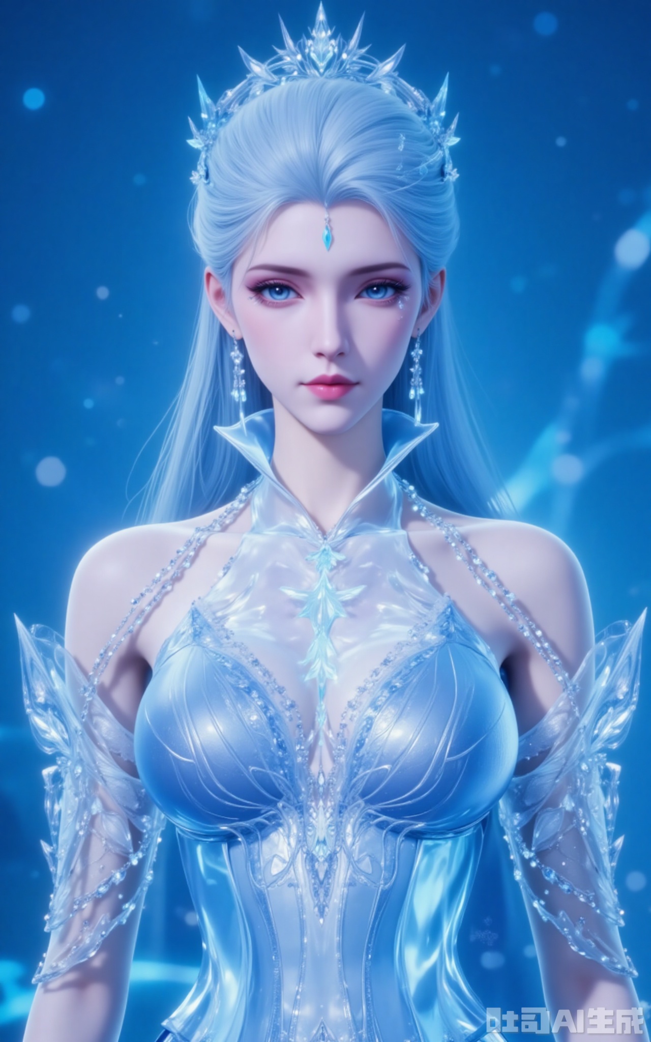 1girl, solo, blue eyes, jewelry, white hair, dress, earrings, looking at viewer, blue background, long hair, blue dress, facial mark, breasts, elsa \(frozen\), makeup, mole, ice, bare shoulders, tiara, mole under eye, blue theme,8,
xuedi,lvjing