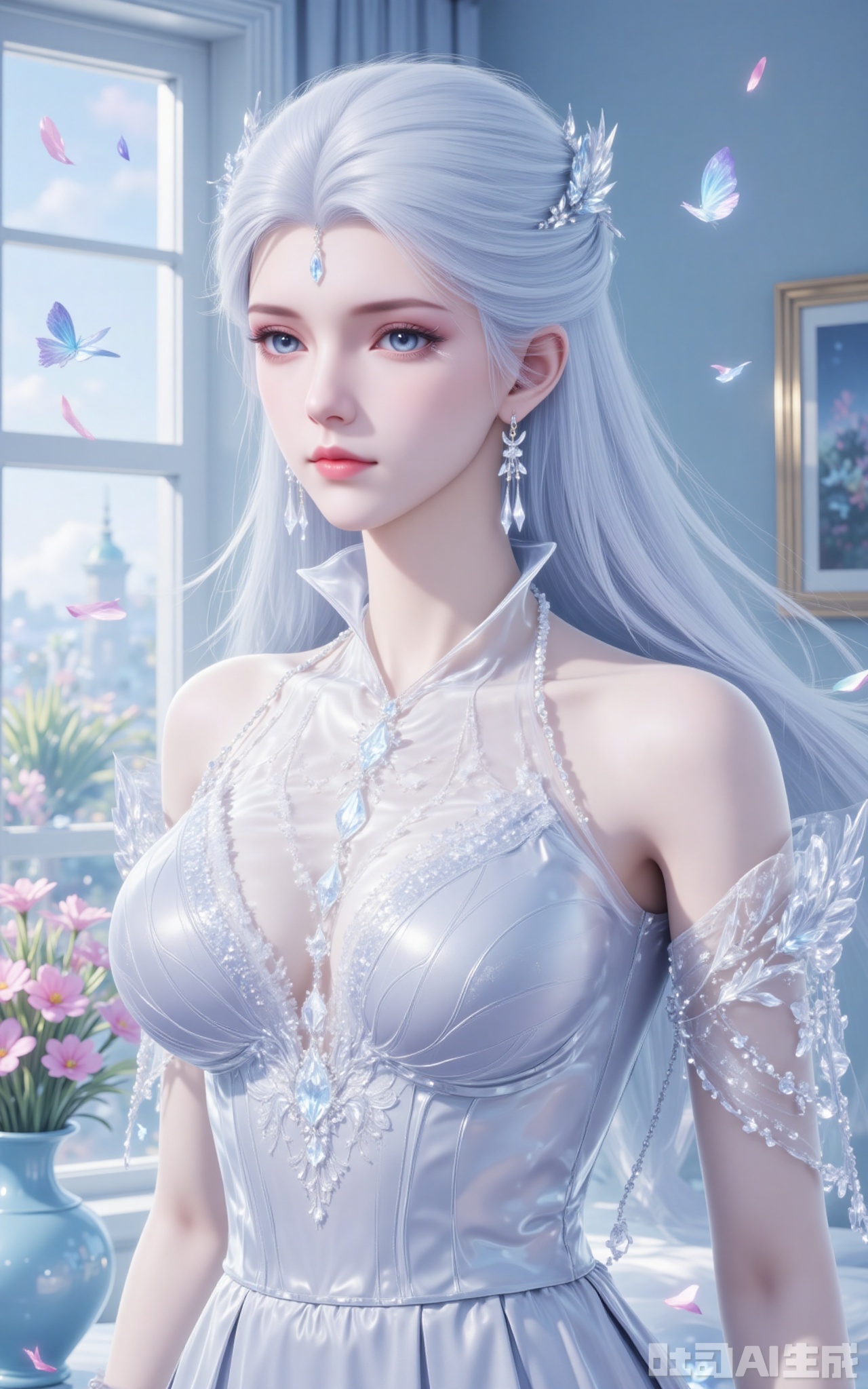 1girl, solo, jewelry, long hair, earrings, dress, flower, blue eyes, breasts, window, indoors, bare shoulders, white dress, white hair, sleeveless, closed mouth, butterfly, plant, see-through, petals, gem, bug,3,
xuedi,lvjing