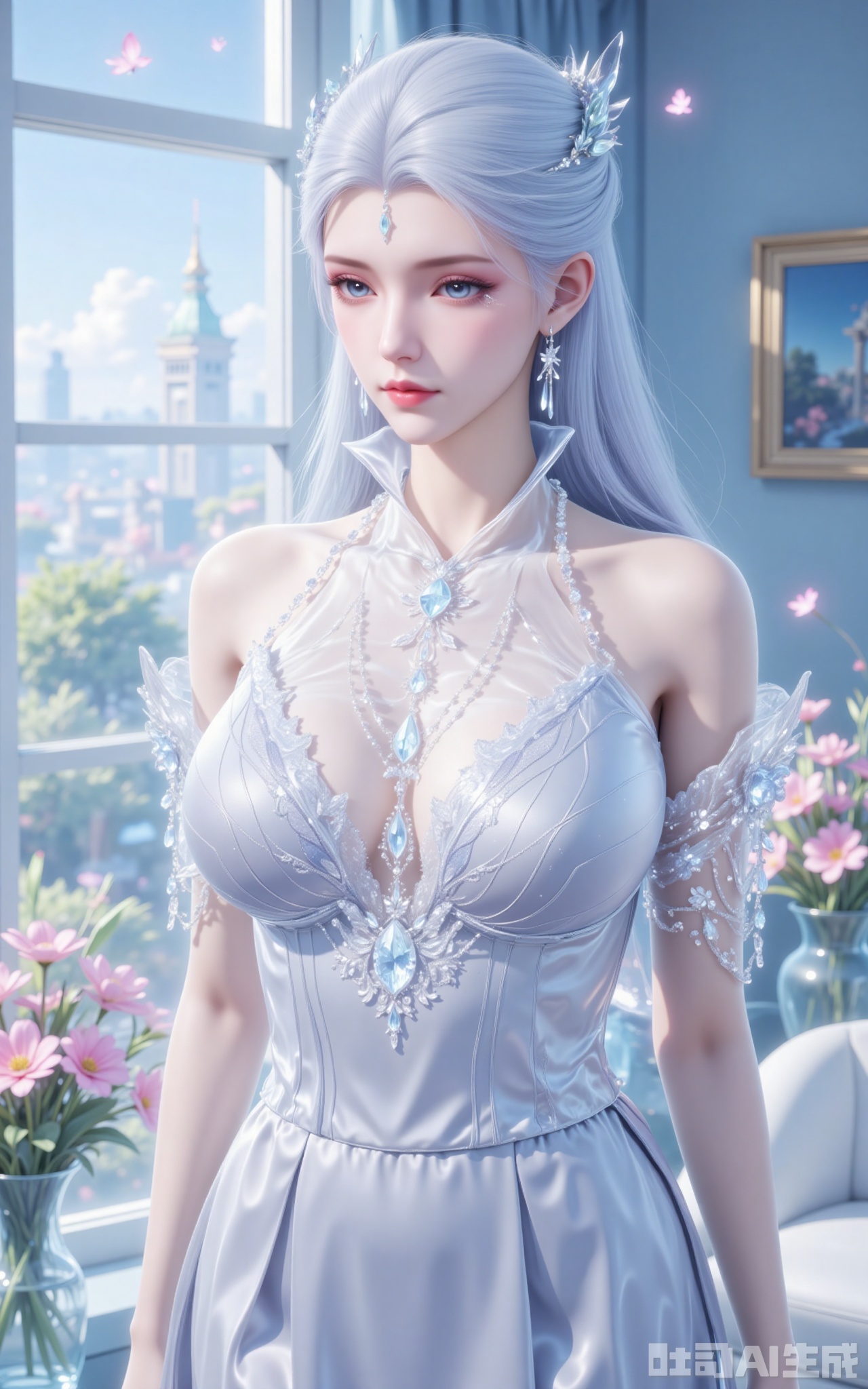 1girl, solo, jewelry, long hair, earrings, dress, flower, blue eyes, breasts, window, indoors, bare shoulders, white dress, white hair, sleeveless, closed mouth, butterfly, plant, see-through, petals, gem, bug,3,
xuedi,lvjing