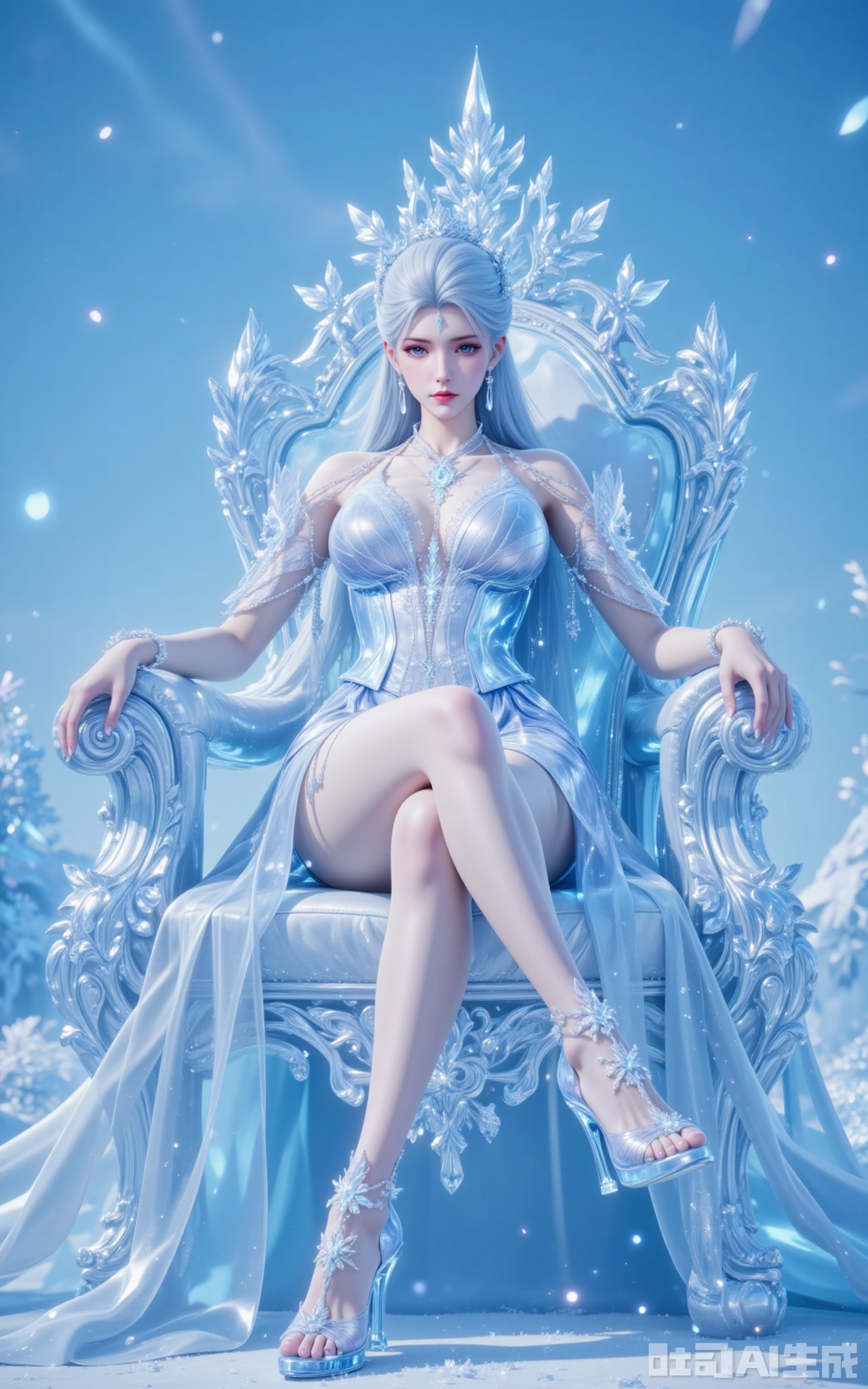 Amidst the frozen wasteland, Snow Emperor reigns supreme upon her throne of ancient ice. Her silver-white tresses cascade down to her waist, blending seamlessly with the ombré crystal gown adorned with hand-embroidered snowflakes that sparkle like diamonds in the sunlight. Her crossed legs showcase the mesmerizing refraction of light through her sapphire heels.

Leaning forward slightly, her gown's daring cutout reveals a tantalizing glimpse of her décolletage. The diamond earrings sway gently, casting cerulean shadows across her porcelain skin. Shot from a reverent low angle, the 8K ultra-HD capture immortalizes her against the falling snow, with every intricate detail visible - from the frozen floral patterns in her azure eyes to the delicate frost forming on her skin.
xuedi,lvjing