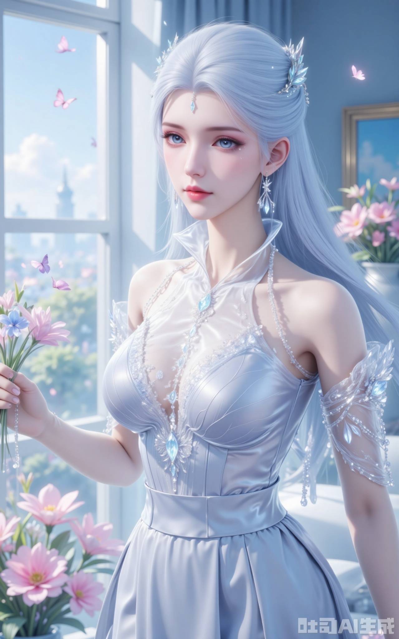 1girl, solo, jewelry, long hair, earrings, dress, flower, blue eyes, breasts, window, indoors, bare shoulders, white dress, white hair, sleeveless, closed mouth, butterfly, plant, see-through, petals, gem, bug,3,
xuedi,lvjing