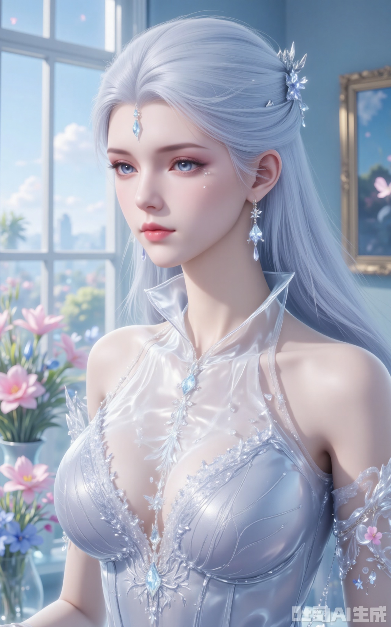 1girl, solo, jewelry, long hair, earrings, dress, flower, blue eyes, breasts, window, indoors, bare shoulders, white dress, white hair, sleeveless, closed mouth, butterfly, plant, see-through, petals, gem, bug,3,
xuedi,lvjing