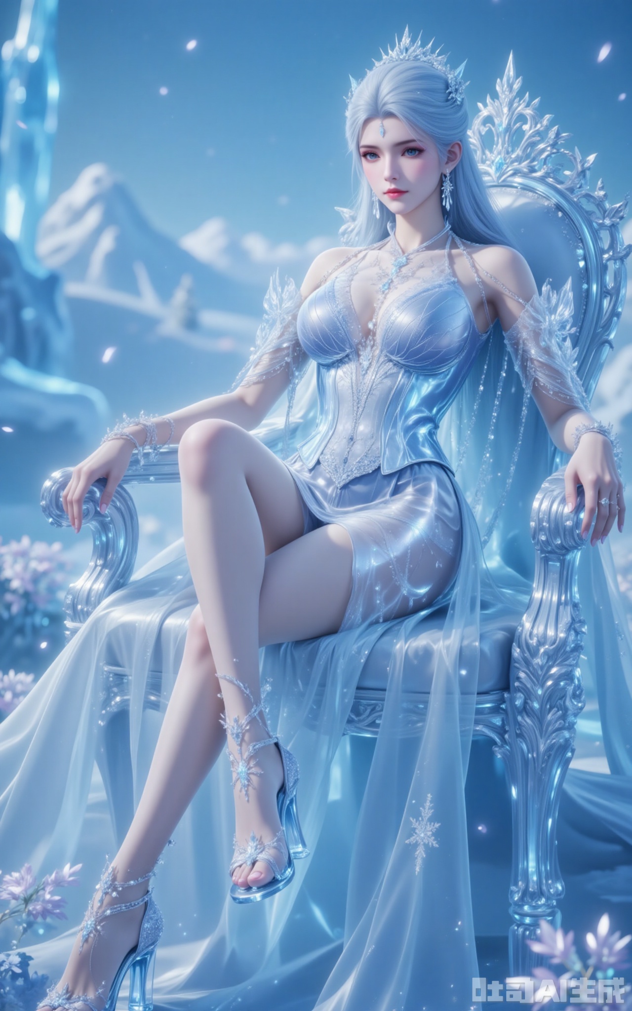 Amidst the frozen wasteland, Snow Emperor reigns supreme upon her throne of ancient ice. Her silver-white tresses cascade down to her waist, blending seamlessly with the ombré crystal gown adorned with hand-embroidered snowflakes that sparkle like diamonds in the sunlight. Her crossed legs showcase the mesmerizing refraction of light through her sapphire heels.

Leaning forward slightly, her gown's daring cutout reveals a tantalizing glimpse of her décolletage. The diamond earrings sway gently, casting cerulean shadows across her porcelain skin. Shot from a reverent low angle, the 8K ultra-HD capture immortalizes her against the falling snow, with every intricate detail visible - from the frozen floral patterns in her azure eyes to the delicate frost forming on her skin.
xuedi,lvjing