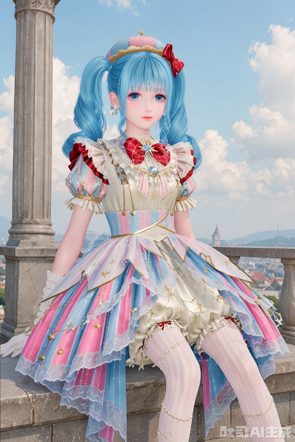1girl, solo, long hair, looking at viewer, bangs, blue eyes, gloves, hat, dress, bow, twintails, jewelry, closed mouth, underwear, blue hair, standing, short sleeves, hair bow, pantyhose, earrings, frills, sky, striped, puffy sleeves, cloud, red bow, puffy short sleeves, drill hair, gem, multicolored clothes, vertical stripes,bloomers, pearl \(gemstone\),sitting,feet,long_legs