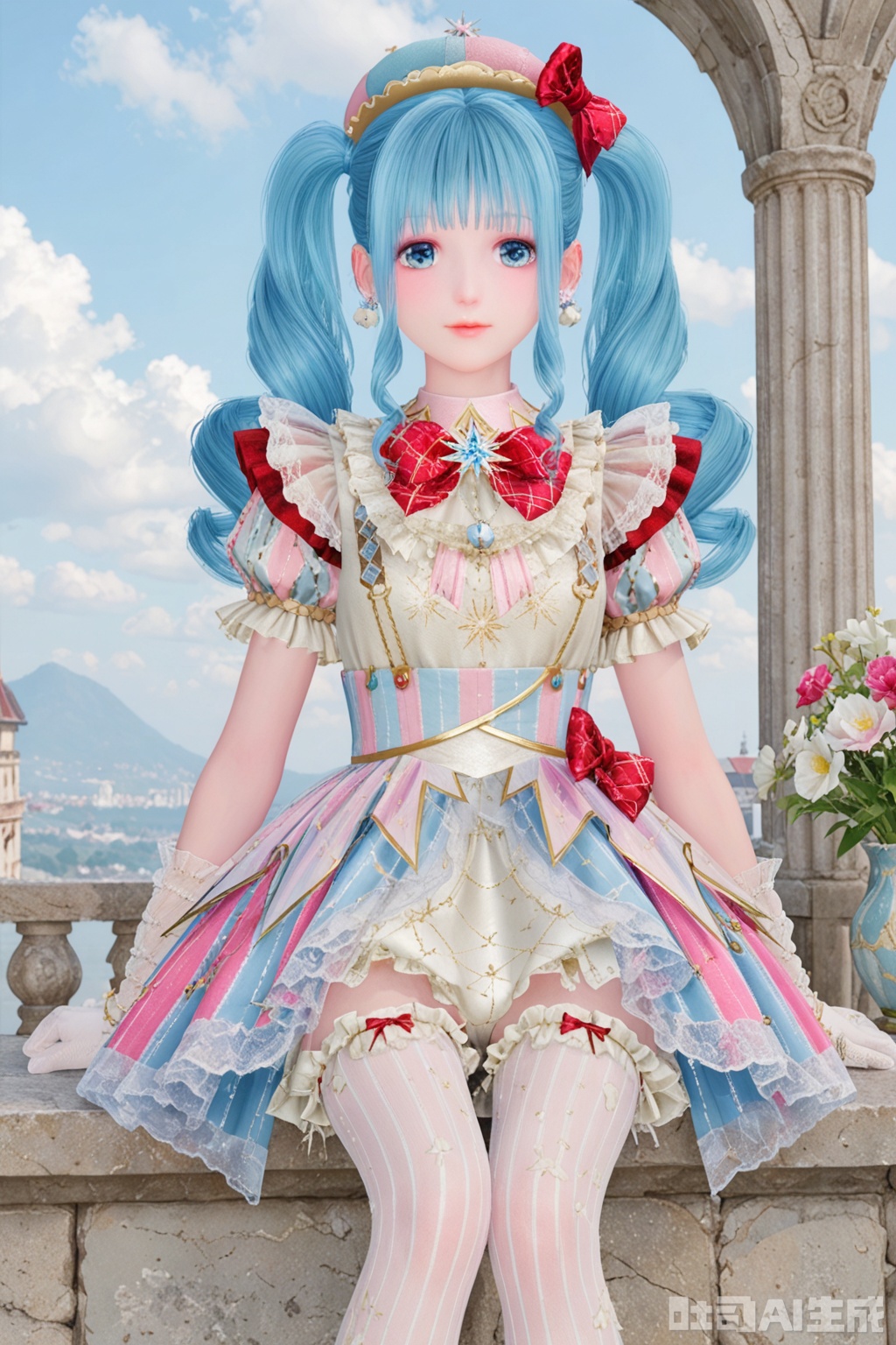1girl, solo, long hair, looking at viewer, bangs, blue eyes, gloves, hat, dress, bow, twintails, jewelry, closed mouth, underwear, blue hair, standing, short sleeves, hair bow, pantyhose, earrings, frills, sky, striped, puffy sleeves, cloud, red bow, puffy short sleeves, drill hair, gem, multicolored clothes, vertical stripes,bloomers, pearl \(gemstone\),sitting,feet,long_legs