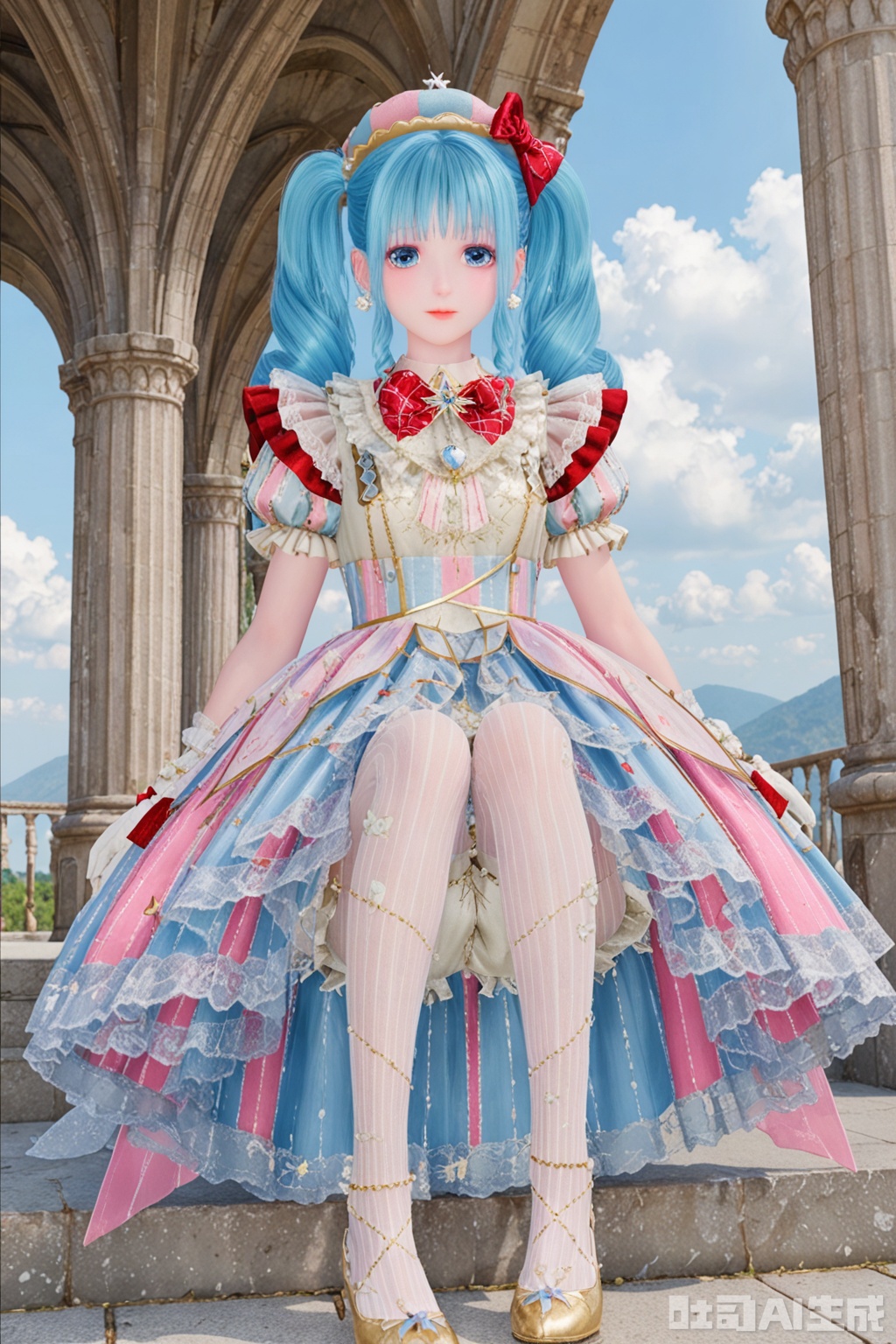1girl, solo, long hair, looking at viewer, bangs, blue eyes, gloves, hat, dress, bow, twintails, jewelry, closed mouth, underwear, blue hair, standing, short sleeves, hair bow, pantyhose, earrings, frills, sky, striped, puffy sleeves, cloud, red bow, puffy short sleeves, drill hair, gem, multicolored clothes, vertical stripes,bloomers, pearl \(gemstone\),sitting,feet,long_legs