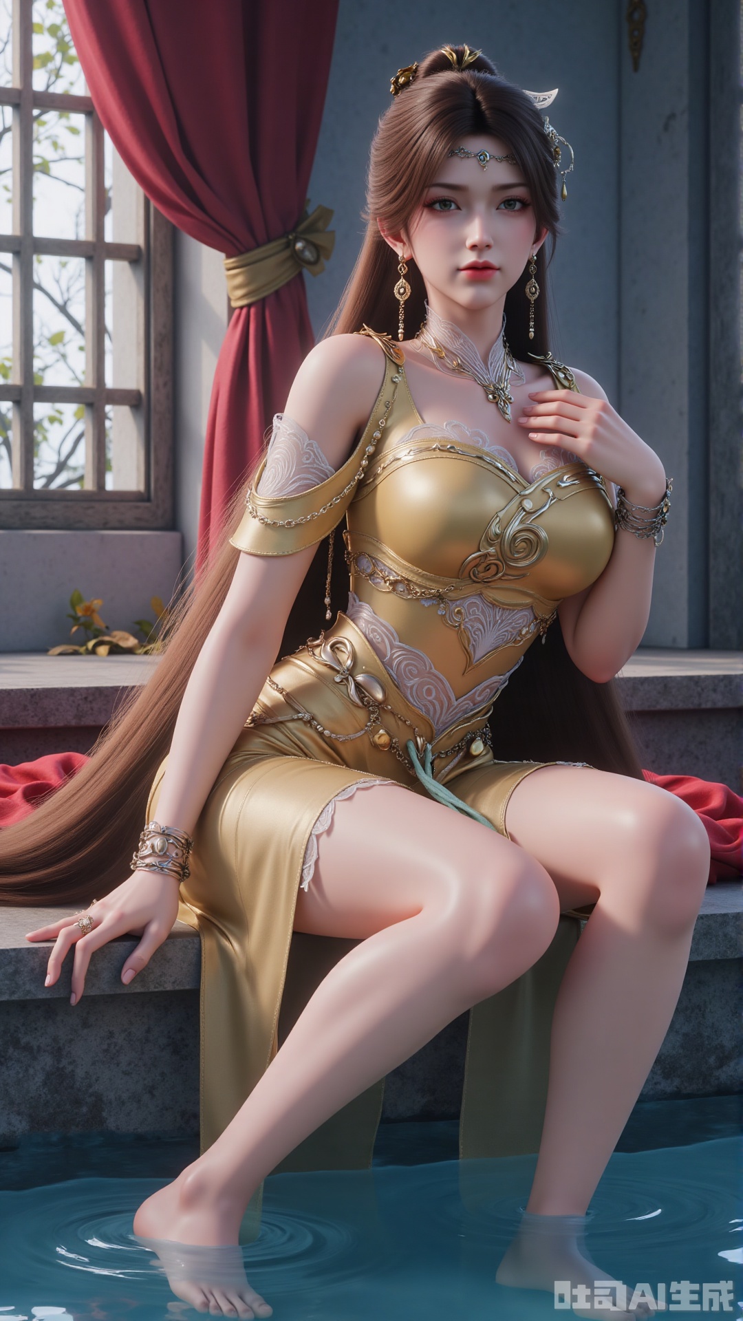 Ultra clear, wallpaper, 8k, masterpiece, 1girl, solo, long hair, breasts, looking at viewer, pink eyes, large breasts, brown hair, black hair, hair ornament, dress, cleavage, bare shoulders, jewelry, sitting, water, necklace, bracelet, bare legs, yellow dress, hand on own chest, red lips, soaking feet, stone, sit on a stone
skirt

blonde hair

thighhighs

brown eyes

jewelry

closed mouth

standing

cowboy shot

earrings

boots

belt

indoors

cape

armor

fur trim

window

red skirt

thigh boots

curtains

shoulder armor

breastplate

red cape

