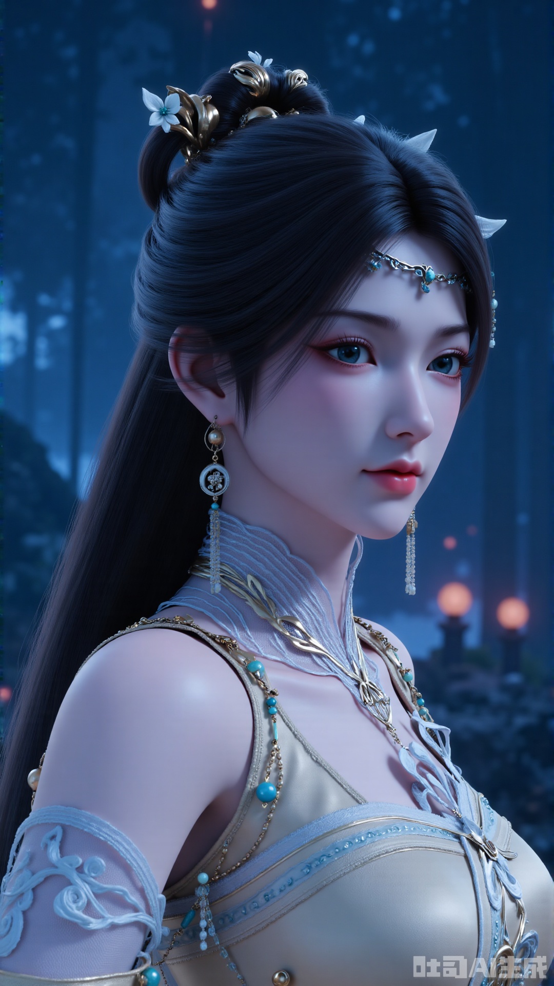 qingyi, . This is a hyper-realistic CGI (computer-generated imagery) rendering of a young East Asian woman with a serene, ethereal expression. The subject's complexion is fair with a subtle pink undertone, and her dark, straight hair is meticulously styled with intricate braids and adorned with delicate, white flower hairpins. The flowers have small blue accents and are intricately detailed, suggesting a traditional Asian aesthetic. She wears a delicate, gold hairpin with a blue gem, which complements the blue and white elements in her accessories. Her ears are adorned with matching, blue and white, ornate drop earrings. Her makeup is minimal, with a natural, subtle blush and light eyeshadow. The background features a misty, dark-blue sky with faint, glowing lights that suggest a night setting, enhancing the mystical ambiance. The subject's attire is not visible, but the texture of her skin and the fine details of her hair and accessories indicate a high level of artistic precision. The overall composition conveys a sense of tranquility and otherworldliness, blending elements of traditional and modern aesthetics.