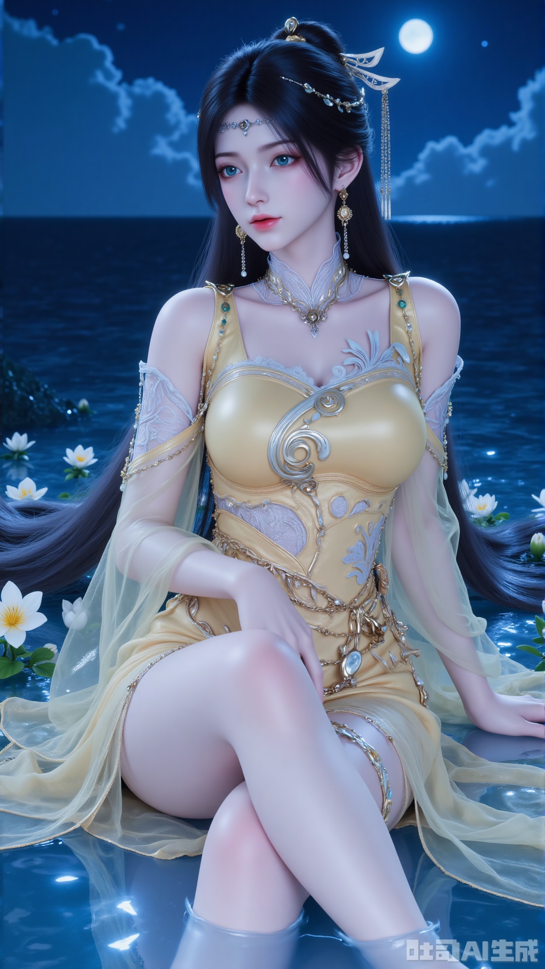 1girl, solo, long hair, blue eyes, black hair, hair ornament, dress, jewelry, sitting, flower, earrings, sky, water, bare legs, night, moon, night sky, yellow dress, soaking feet