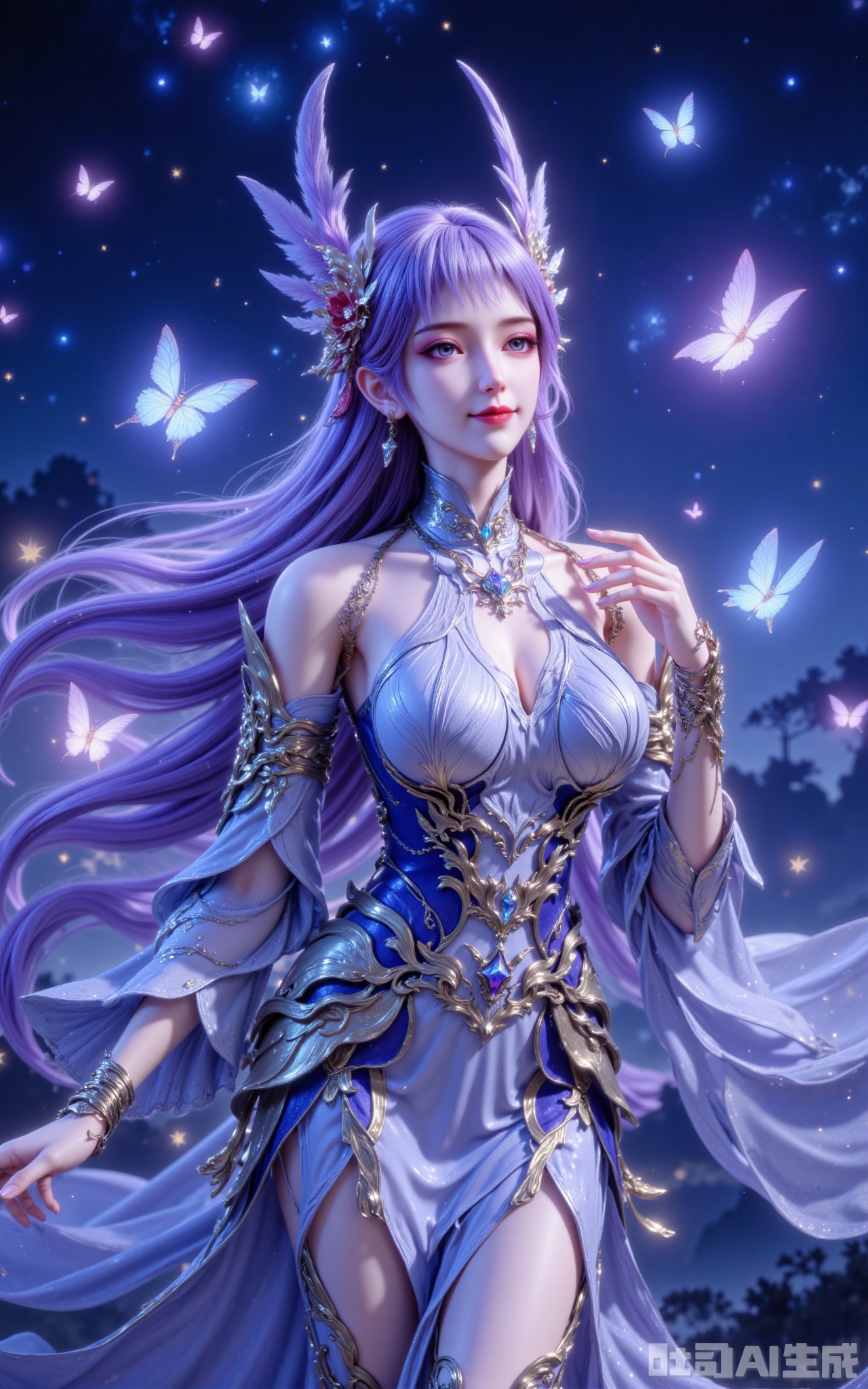 The image depicts a character with long, flowing purple hair adorned with intricate, feather-like headpieces. The character is wearing a detailed, fantasy-style outfit that includes a high-collared, ornate choker and a form-fitting, armor-like dress with silver and blue accents. The background is a dark, starry sky with floating, glowing orbs and butterflies, creating a mystical atmosphere. The character's expression is serene, with a slight smile and red lips. The overall scene has a magical, ethereal quality.