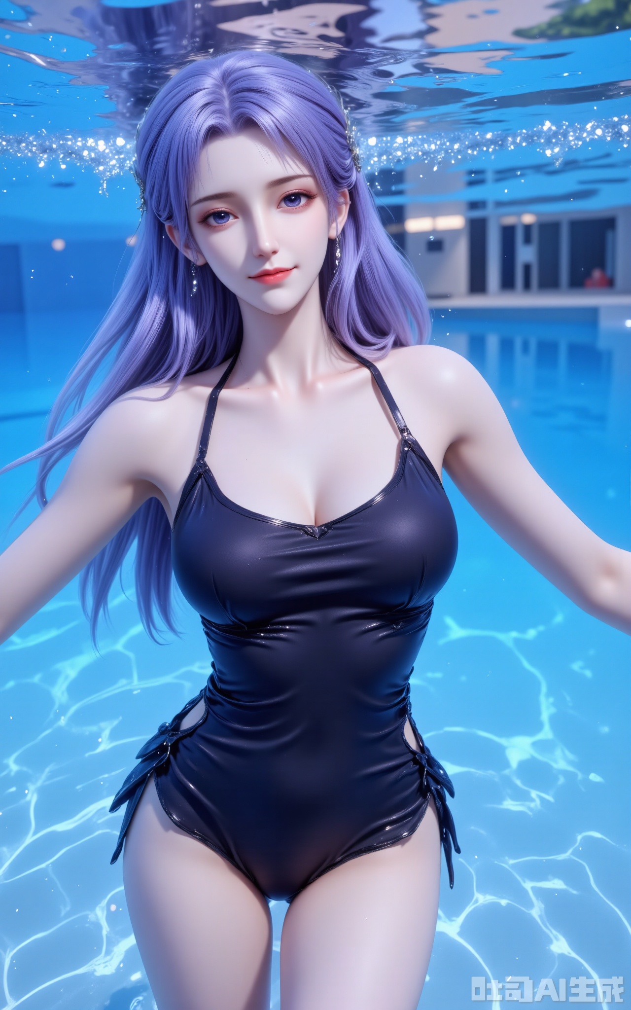 1 girl, solo, smiling, with long purple hair. She wore a tight black swimsuit with a smooth, greasy and shiny surface, cut, strapless and sleeveless, and the swimsuit was tightly fitted with body curves. The girl's upper body floated in the swimming pool and looked at the audience. The breasts occupy the main part of the picture, close-ups of the breasts, deep cleavage, and huge and plump breasts. Her lower body was soaked in water, and ripples and splashes appeared on the water. The shooting angle is very low, very low, it was taken from underwater, the lens is immersed in water, taken from the front and bottom, the posture is full of dynamic, the background is a swimming pool, which presents a cool blue atmosphere, and the background is blurred.