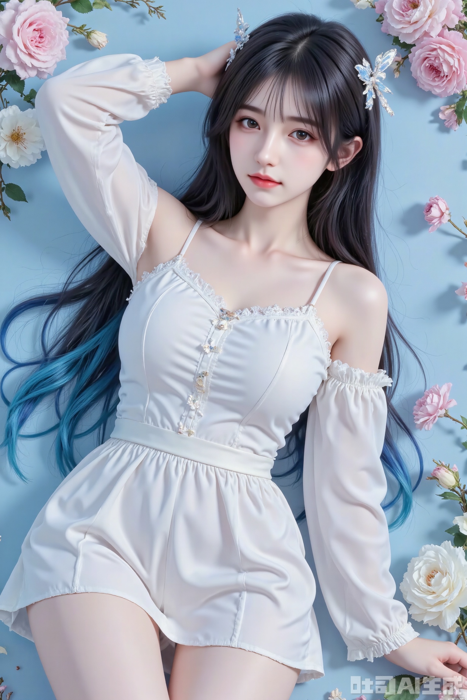 masterpiece,best quality,high quality,loli,chromatic_aberration,Blue Theme,//, (artist:umehara),artist:konya_karasue,(artist:chen bin),artist:tinker_bell,artist:ciloranko,artist:tianliang_duohe_fangdongye,artist:toosaka_asagi,//, bangs, hair ornament, dress, bow, ribbon, flower, hair bow, black  hair, hair flower, rose, drill hair, pink flower,//konya666,1girl, solo, long hair, looking at viewer, blush, bangs, red eyes, long sleeves, dress, hair between eyes, very long hair, closed mouth, blue hair, braid, flower, ahoge, multicolored hair, lying, frills, detached sleeves, puffy sleeves, virtual youtuber, on back, white dress, arm up, rose, frilled dress, white flower, puffy long sleeves, white sleeves, white rose

