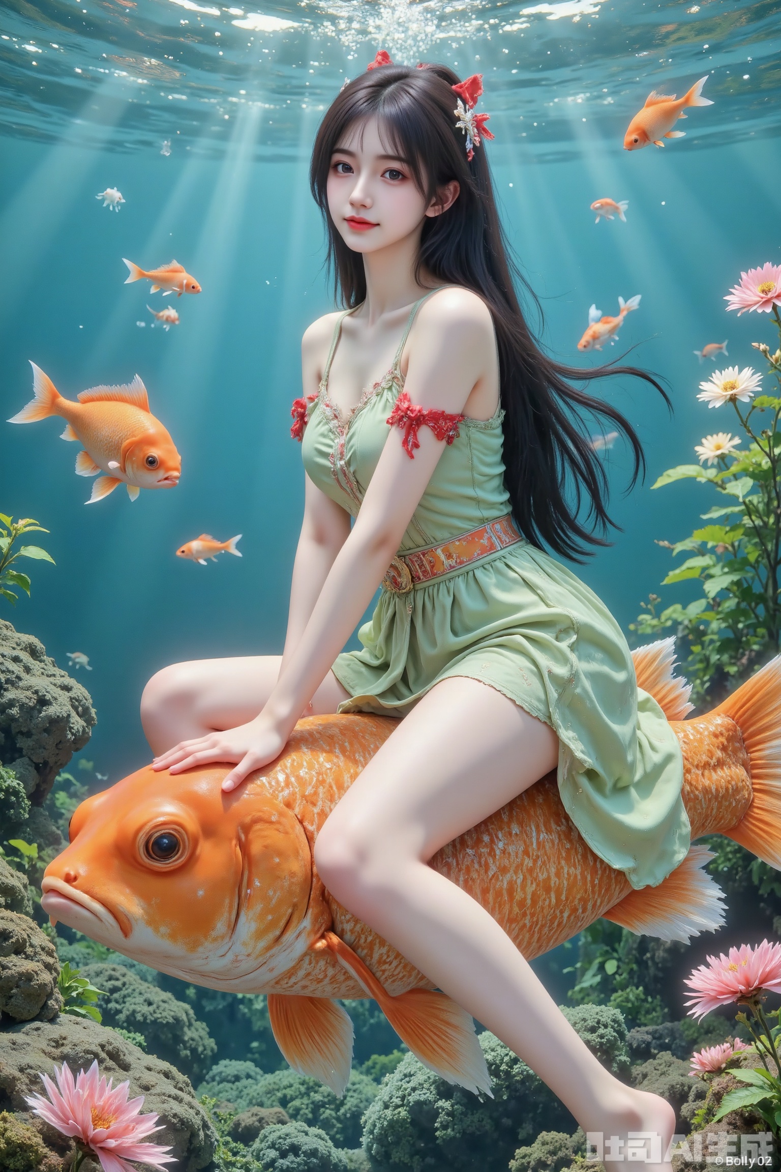 Masterpiece, top quality, high quality, (colorful), small chest, (black hair: 1.4), (long legs：1.4),DSLR Quality,Depth of field ,looking_at_viewer,Dynamic pose, , kind smile,a medium-sized painting features a young Asian girl with long brown hair, dressed in a green dress, adorned with a red bow in her hair, sitting atop a vibrant orange fish. The fish's body is adorned in a pattern of orange and green, while the fish's tail is adorned with an orange bow, adding a pop of color to the scene. The girl's hair is styled in a ponytail, with a few flowers in the top right corner of her head. The background is a deep blue-green, with wavy waves in the background, creating a striking contrast to the vibrant colors of the painting.
