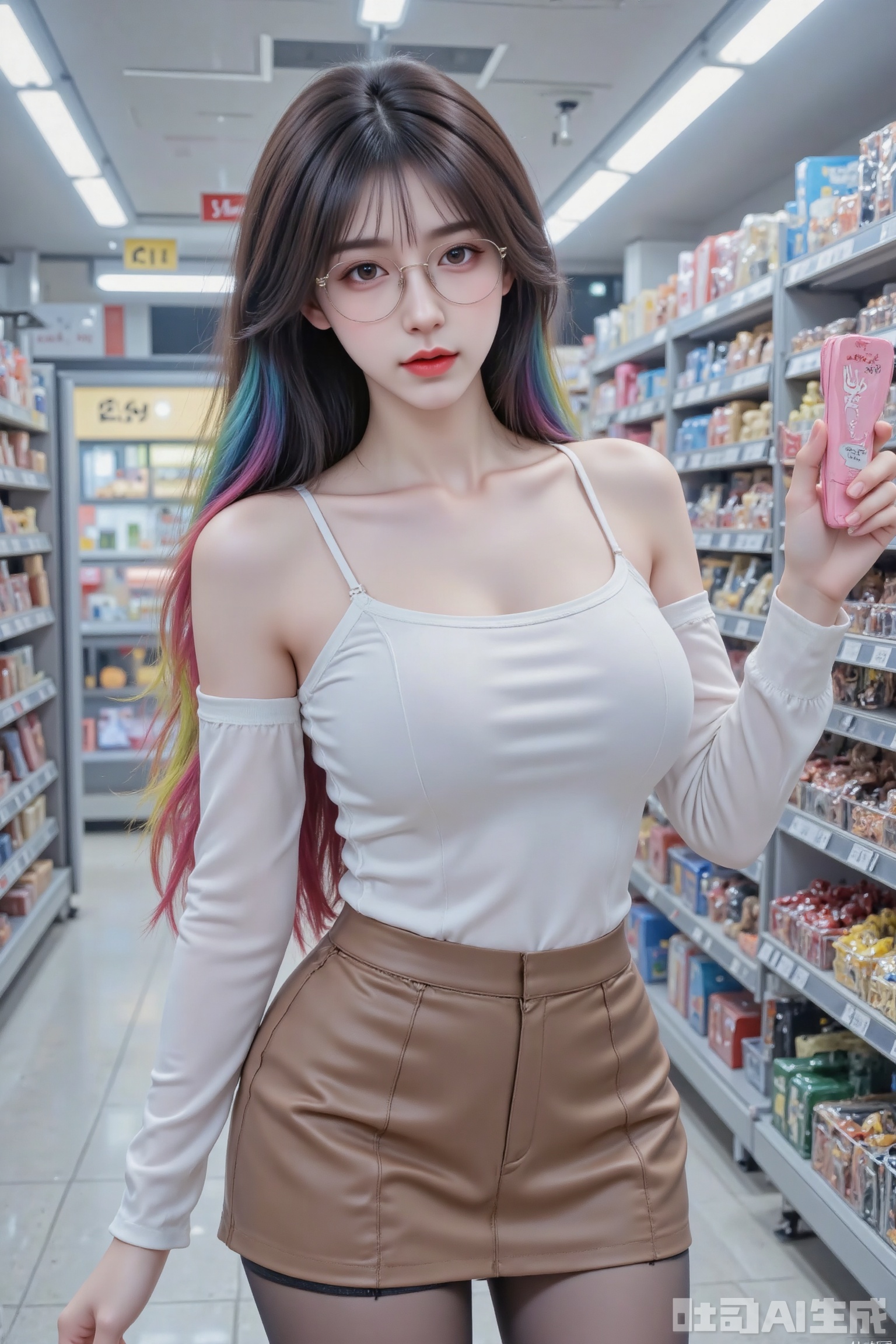 Masterpiece, best quality, high quality, (colorful), large breasts, (Rainbow hair: 1.4), (long legs ：1.4), tongue out, ,,Realistic photo, 1girl, nervous and excited expression, long hair, fair skin, big breasts, off-shoulder shirt, short leather skirt, hands covering skirt, (shiny pantyhose), long legs, red high heels, full body, large supermarket, (there is a hand in front of the camera, pressing the pink remote control),with glasses