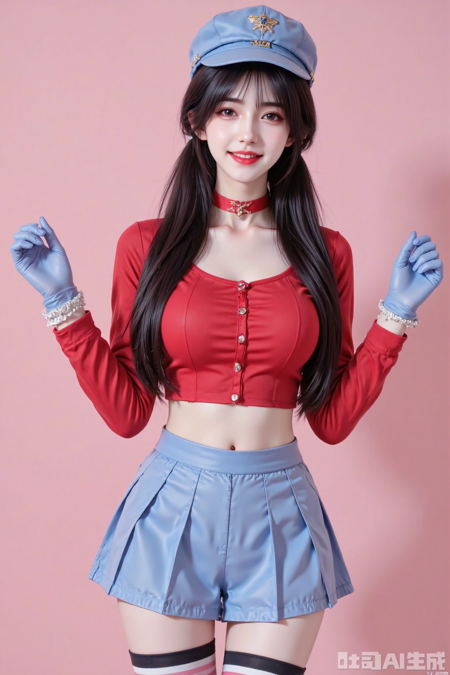 Masterpiece, top quality, high quality, (colorful), small chest, (black hair: 1.4), (long legs：1.4),1girl, solo, long hair, breasts, looking at viewer, blush, smile, open mouth, bangs, skirt, large breasts, shirt, black hair, thighhighs, gloves, long sleeves, hat, navel, cleavage, collarbone, ponytail, cowboy shot, pleated skirt, choker, midriff, striped, miniskirt, black eyes, blue skirt, zettai ryouiki, crop top, pink background, red shirt, striped thighhighs, two-tone background, blue headwear, blue gloves, cabbie hat, red choker