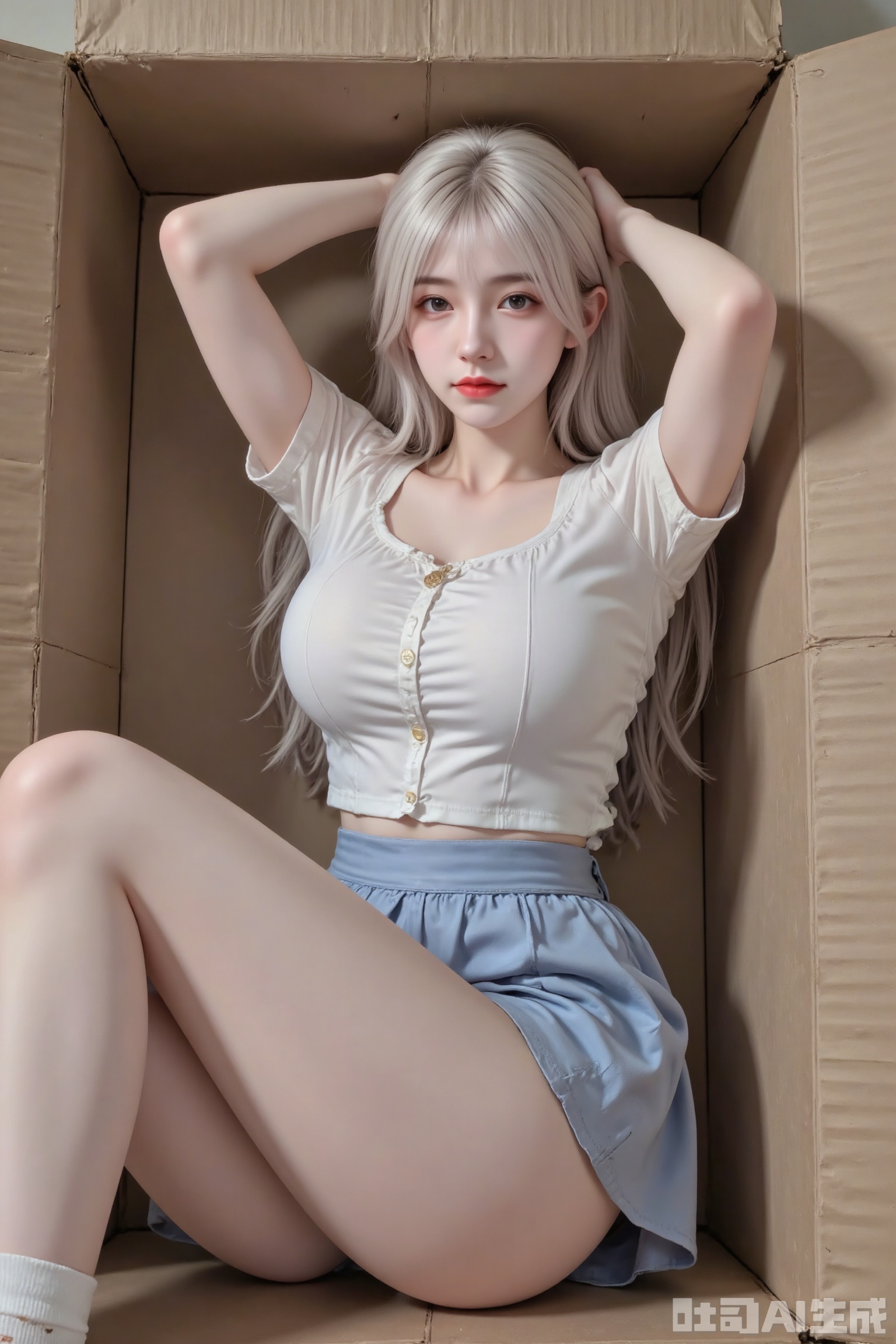 Masterpiece, the best quality, high quality,  huge breasts,,(white hair:1.4),(long legs:1.3),（thin legs：1.4）,1 girl, alone, in a container, black hair, box, tied, in a box, rope, school_uniform, tied, abusive, long hair, arms raised, dress, socks, armpits, cardboard boxes, realistic, lying down, looking at the audience,mini_skirt, japanese tying, , tied wrist