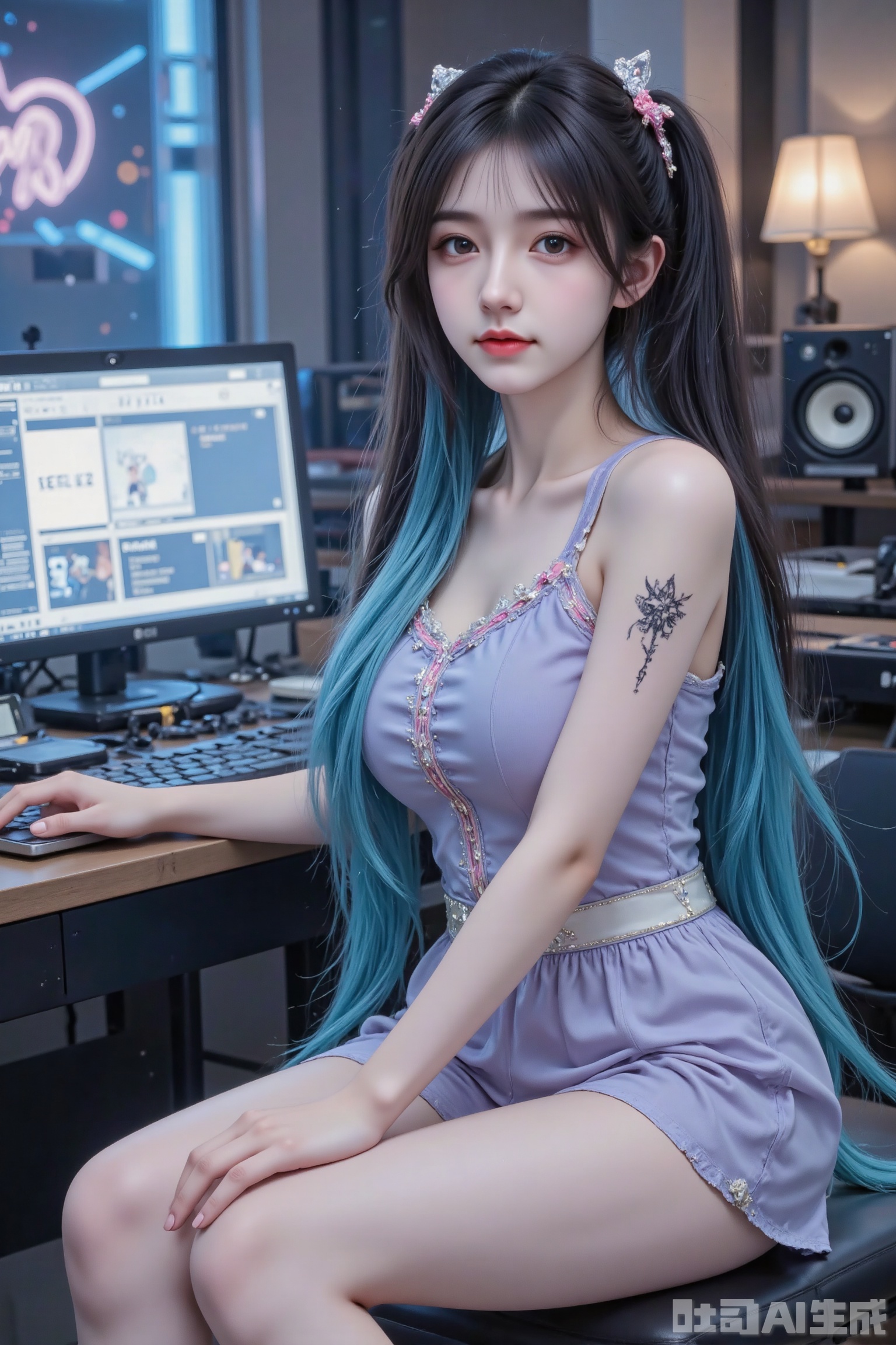 Masterpiece, top quality, high quality, (colorful), small chest, (black hair: 1.4), (long legs：1.4),1girl, aqua_eyes, aqua_hair, bare_shoulders, computer, dress, foreshortening, hatsune_miku, holding_hands, keyboard_\(computer\), laptop, long_hair, looking_at_viewer, minigirl, monitor, mouse_\(computer\), number_tattoo, open_mouth, piano, pov, pov_hands, shoulder_tattoo, solo_focus, speaker, tattoo, through_screen, twintails, very_long_hair