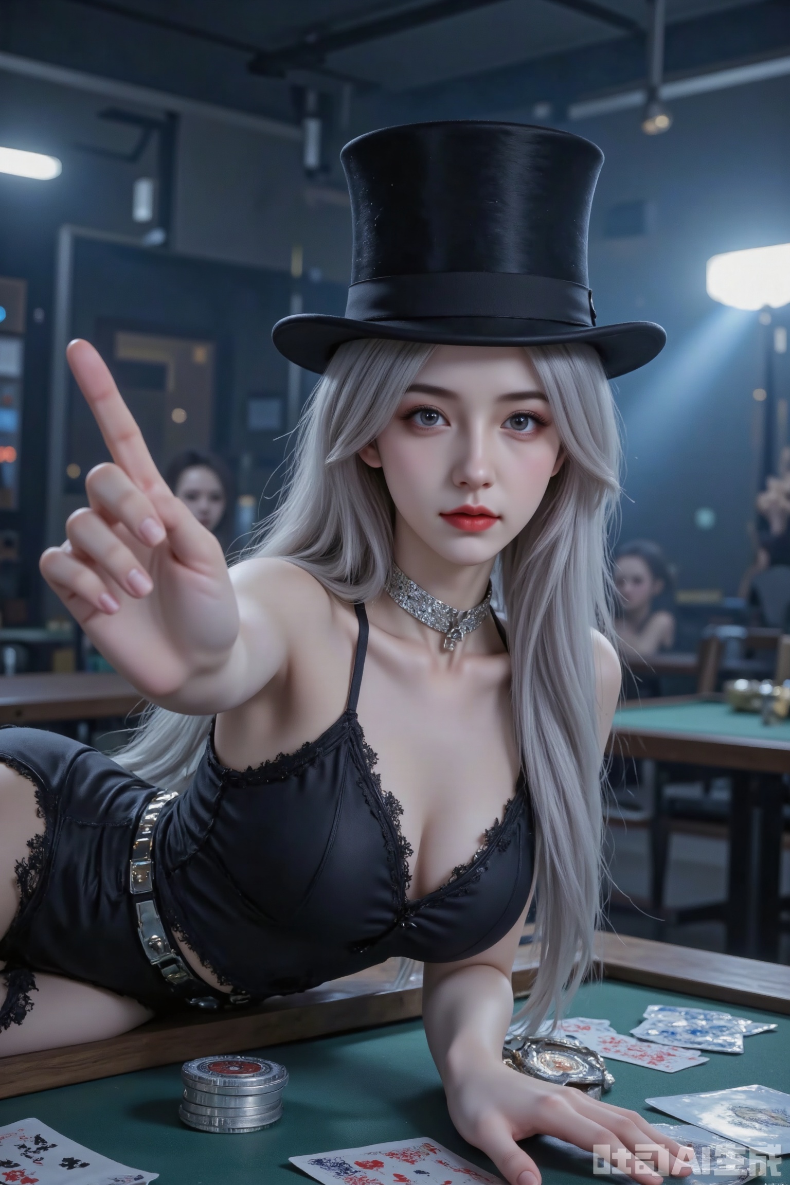 Masterpiece, the best quality, high quality,  huge breasts,,(white hair:1.4),(long legs:1.3),（thin legs：1.4）,A woman with long black hair and blue eyes, she stretched out her hand to climb onto the table,lying on the table,wearing a black top hat, a revealing black lace outfit, and a silver choker, poses provocatively on a table scattered with playing cards. Her large breasts are prominently displayed. The background is dark with a spotlight highlighting her, creating dramatic shadows. The lighting accentuates her sultry expression and curves. The composition is seductive, with a high-contrast, glossy aesthetic, typical of a pin-up or glamour photograph. The image has a polished, professional feel, likely created with digital photography techniques. The mood is alluring and slightly mysterious.