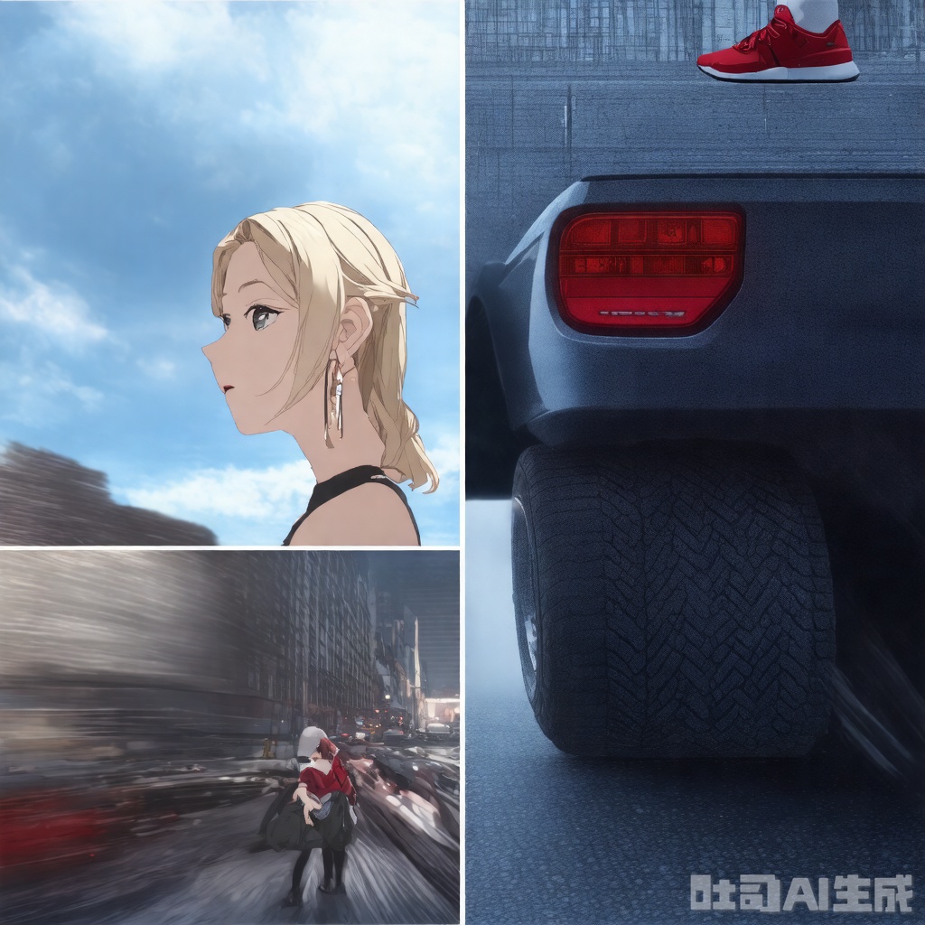  1girl,blonde hair,blue sky,blurry background,building,city,cloud,cloudy sky,day,depth of field,earrings,from below,ground vehicle,full body,From below,Looking up,Shoes close to the camera,Sitting on the roof of the car,Red sports shoes,Sitting posture,jewelry,lips,long hair,looking at viewer,motion blur,motor vehicle,outdoors,parted lips,red footwear,shoes,sitting,sky,skyscraper,sneakers,solo