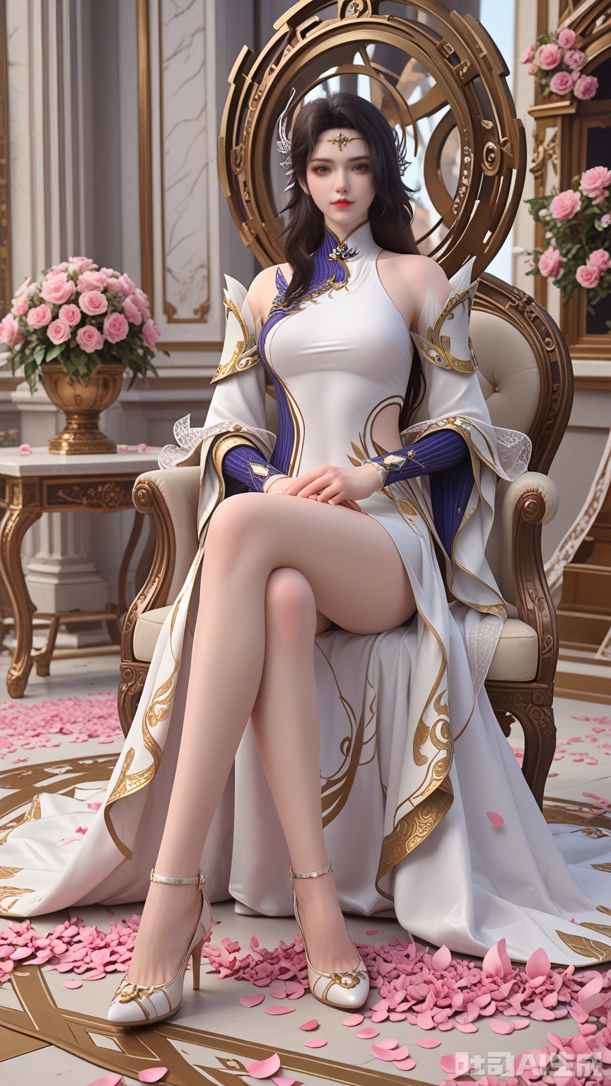 score_9,score_8, (Best quality, masterpiece, exquisite skin), woman, solo, breast, looking at viewer, sitting, high heels, (Solid white and Pink Petals Scattered background)