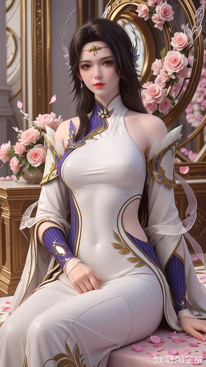score_9,score_8, (Best quality, masterpiece, exquisite skin), woman, solo, breast, looking at viewer, sitting, (Solid white and Pink Petals Scattered background)
