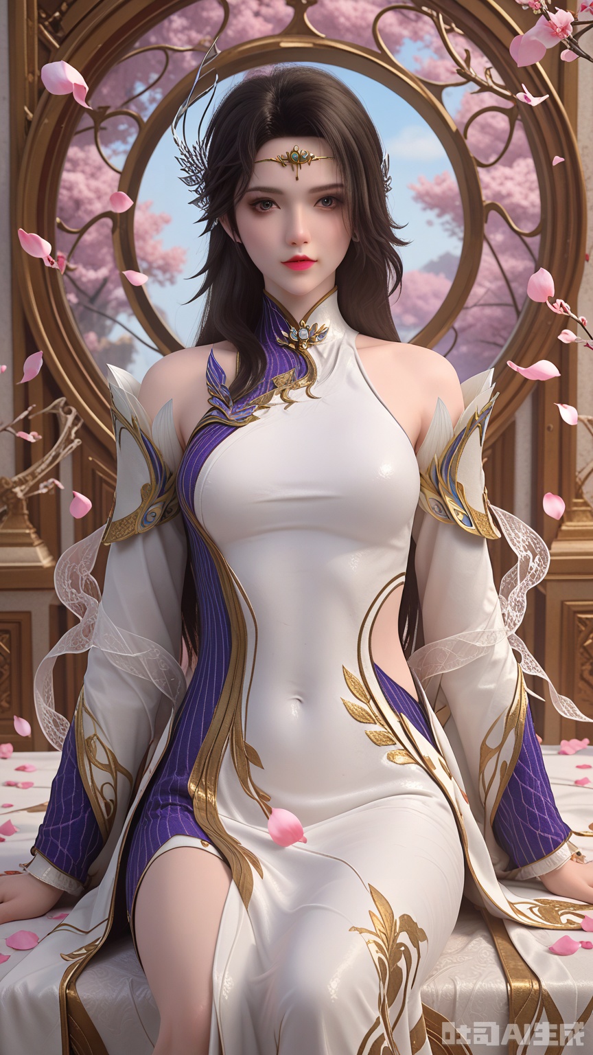 score_9,score_8, (Best quality, masterpiece, exquisite skin), woman, solo, breast, looking at viewer, sitting, (Solid white and Pink Petals Scattered background)