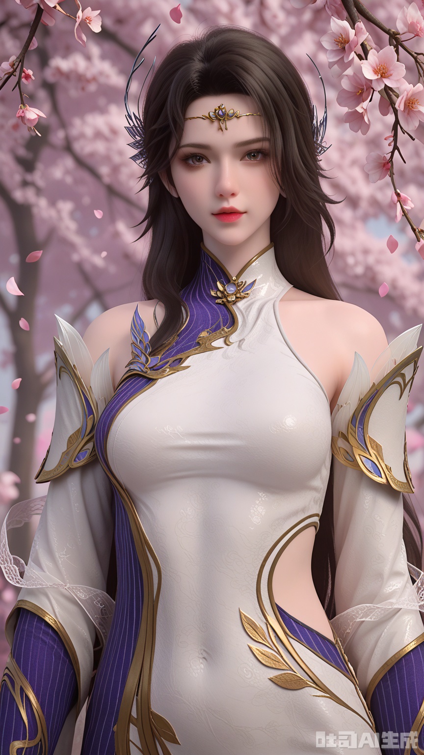 score_9,score_8, (Best quality, masterpiece, exquisite skin), woman, solo, breast, looking at viewer, cowboy_shot, (Solid white and Pink Petals Scattered background)