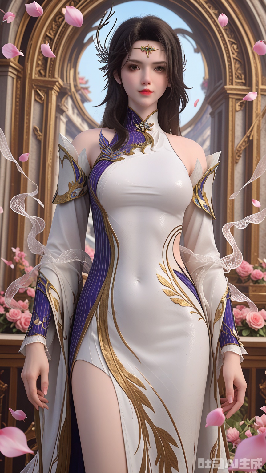 score_9,score_8, (Best quality, masterpiece, exquisite skin), woman, solo, breast, looking at viewer, cowboy_shot, legs, (Solid white and Pink Petals Scattered background)