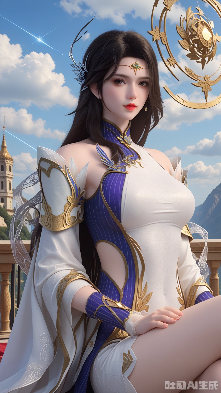 score_9,score_8, (Best quality, masterpiece, exquisite skin), woman, solo, breast, looking at viewer, sitting, (Solid white and shooting star background)