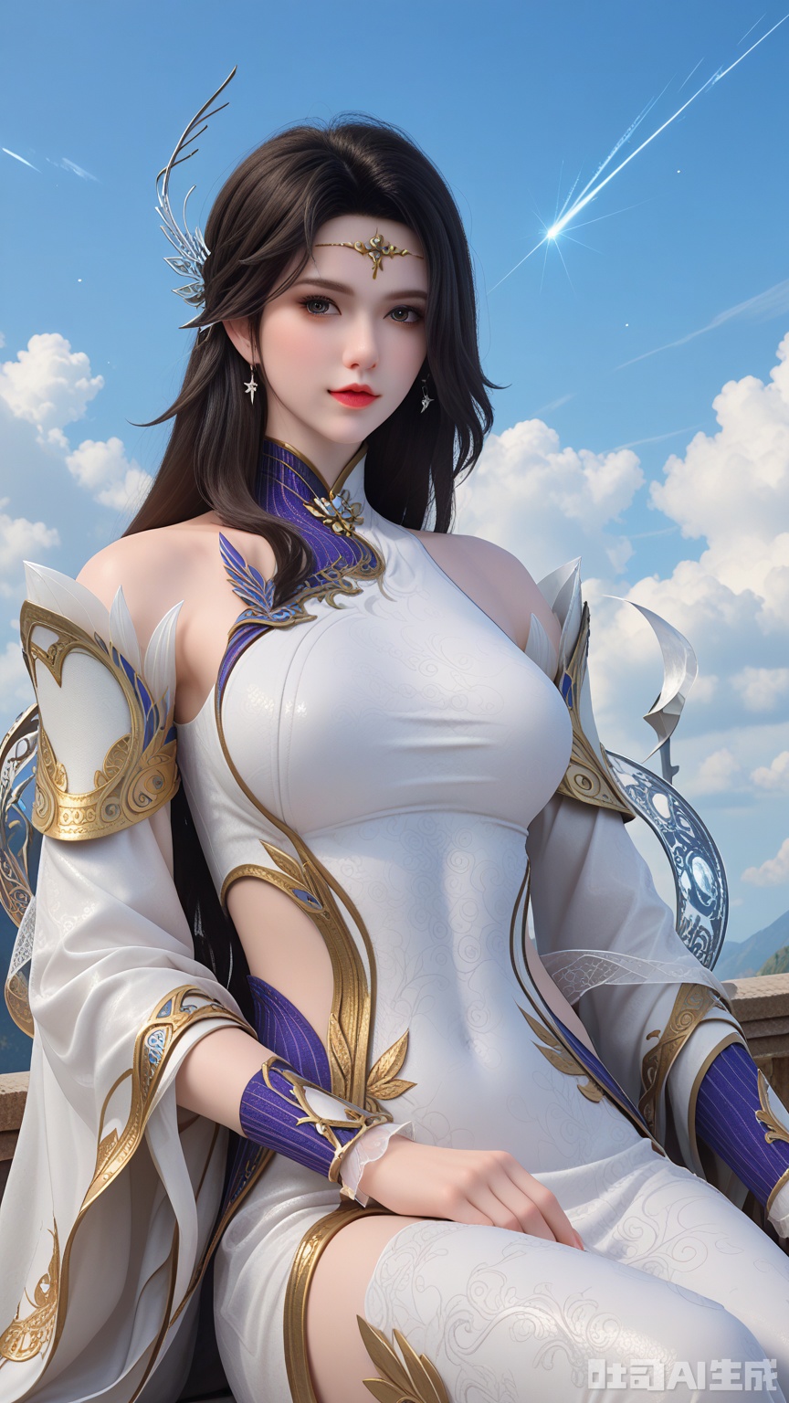 score_9,score_8, (Best quality, masterpiece, exquisite skin), woman, solo, breast, looking at viewer, sitting, (Solid white and shooting star background)
