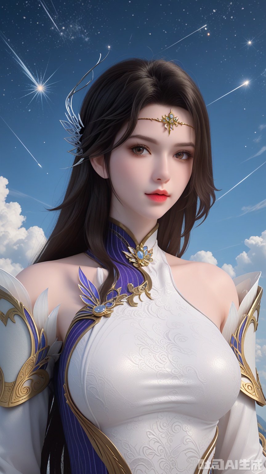 score_9,score_8, (Best quality, masterpiece, exquisite skin), woman, solo, breast, looking at viewer, upper_body, (Solid white and shooting star background)