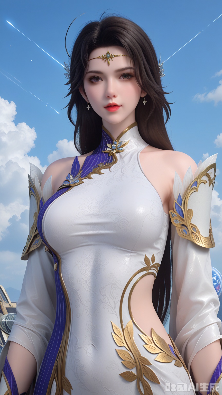 score_9,score_8, (Best quality, masterpiece, exquisite skin), woman, solo, breast, looking at viewer, upper_body, legs, (Solid white and shooting star background)