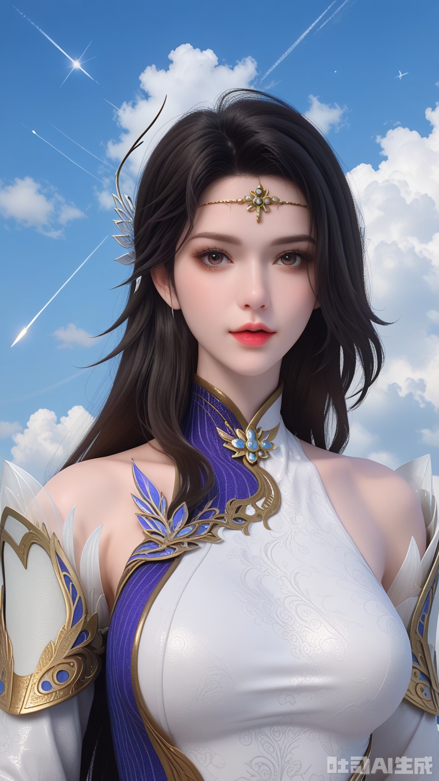 score_9,score_8, (Best quality, masterpiece, exquisite skin), woman, solo, breast, looking at viewer, upper_body, (Solid white and shooting star background)